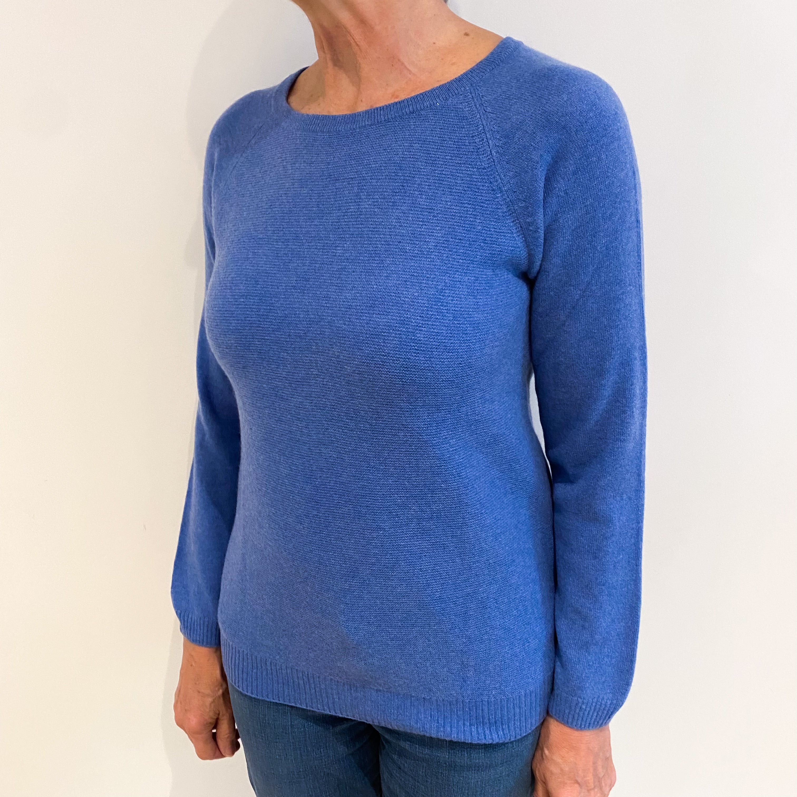 Cornflower Blue Textured Cashmere Crew Neck Jumper Medium