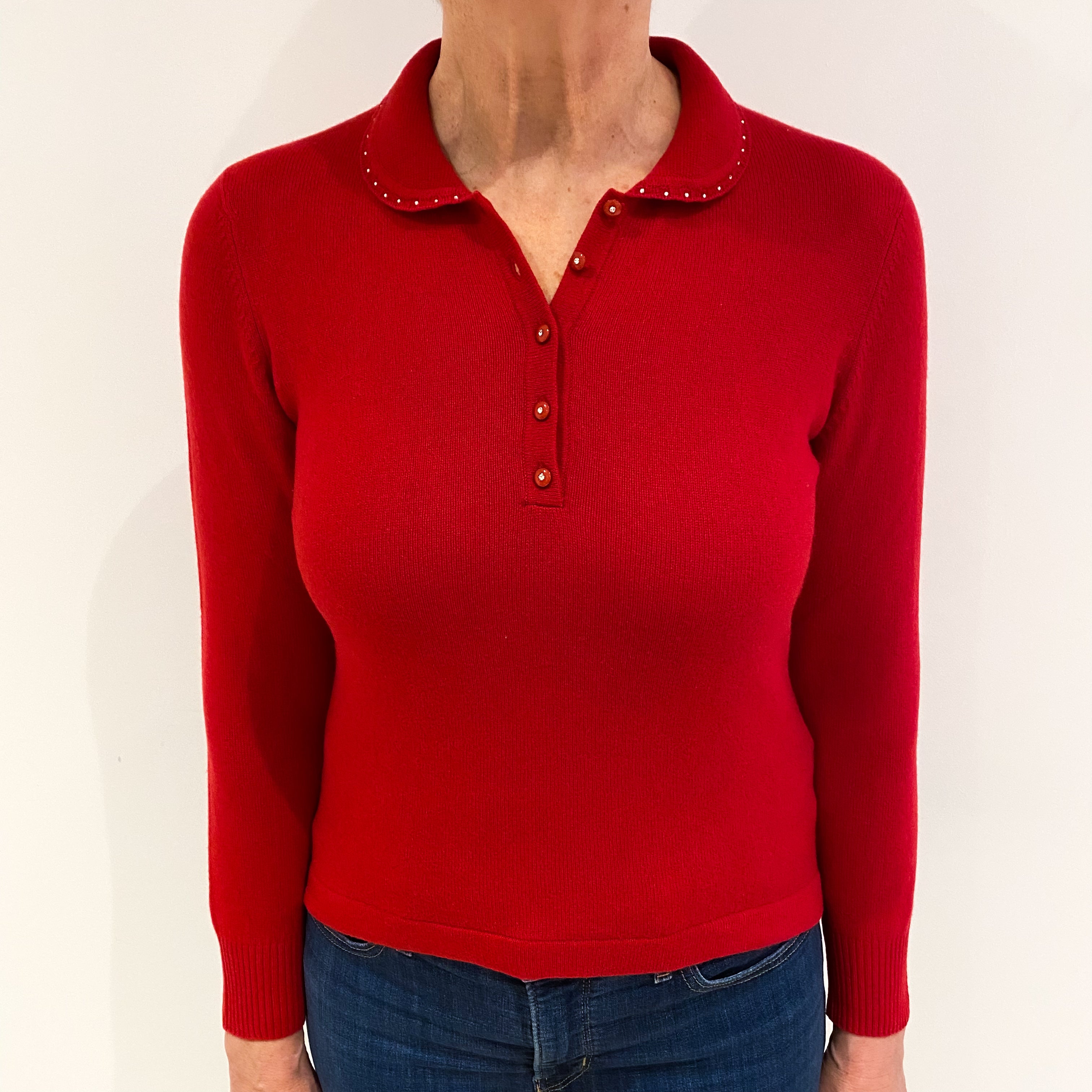 Berry Red Diamanté Cashmere 1/4 Button Jumper Medium