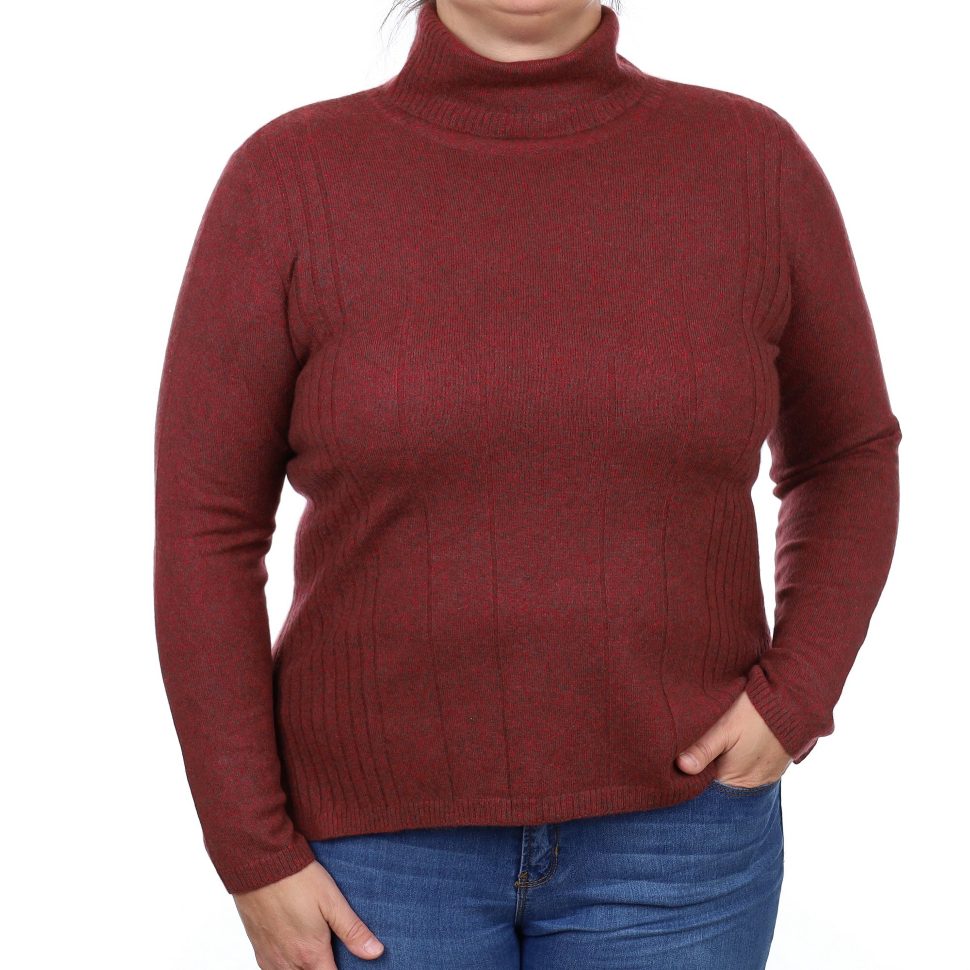 Red and Green Marl Cashmere Polo Neck Jumper Large