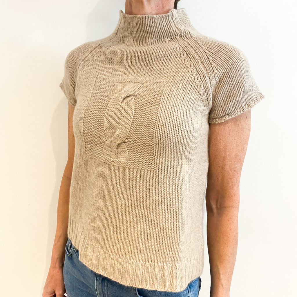 Oatmeal Beige Cashmere Funnel Neck Short Sleeved Jumper Small