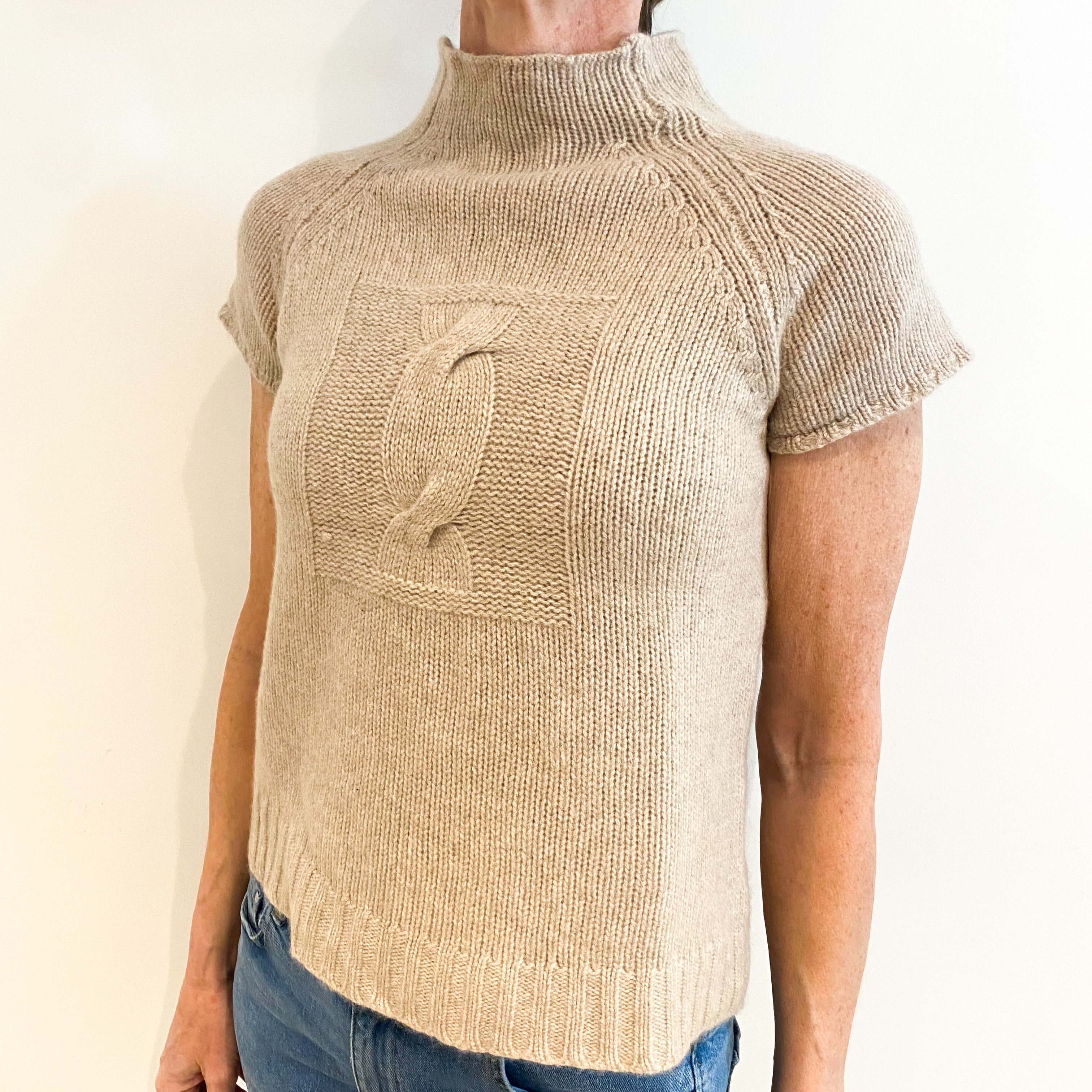 Oatmeal Beige Cashmere Funnel Neck Short Sleeved Jumper Small