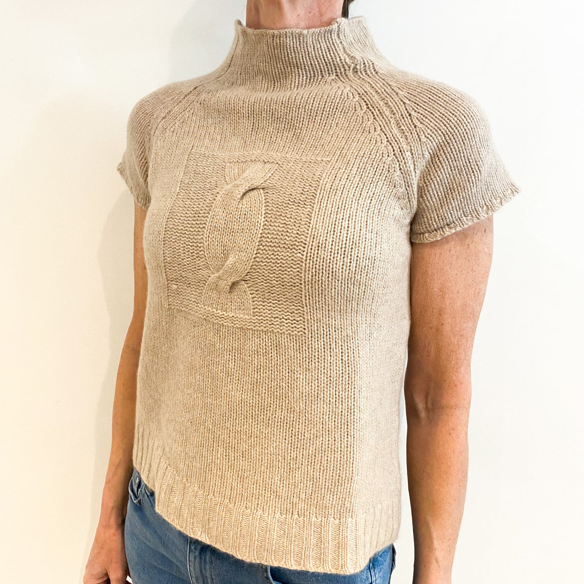Oatmeal Beige Cashmere Funnel Neck Short Sleeved Jumper Small