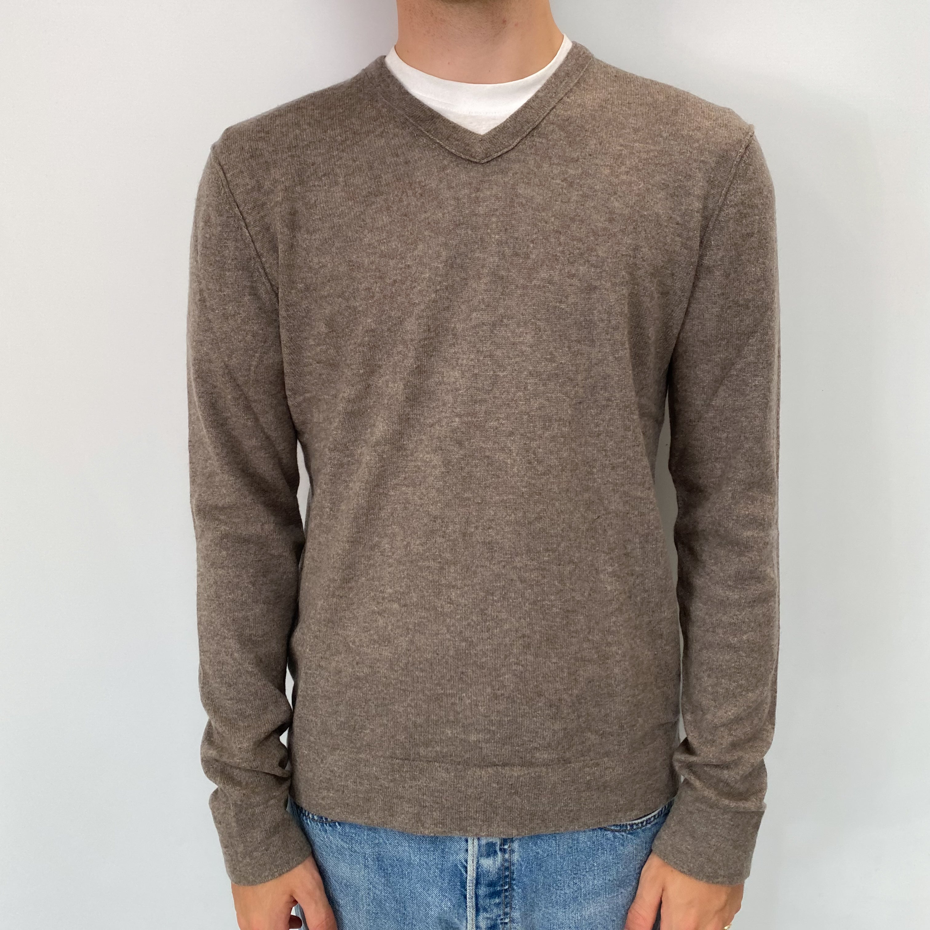 Men's Mocha Cashmere V Neck Jumper Medium