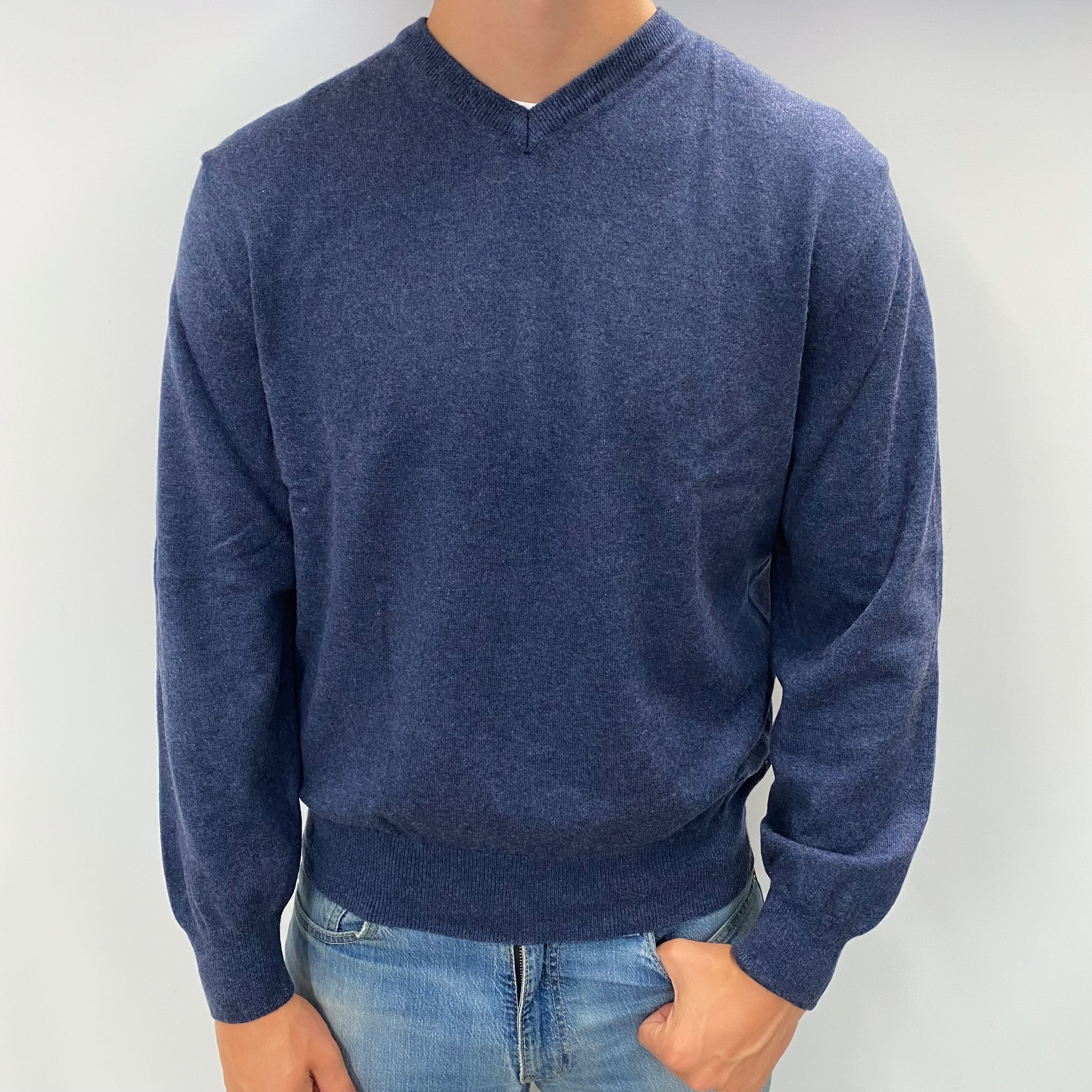 Men's Deep Denim Blue Cashmere V Neck Jumper XL