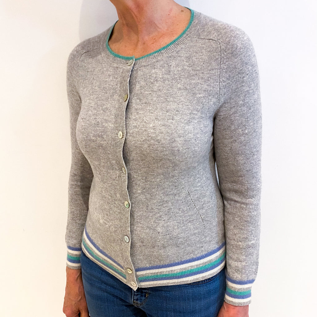 Smoke Grey Cashmere Crew Neck Cardigan With Blue And Green Trim Medium