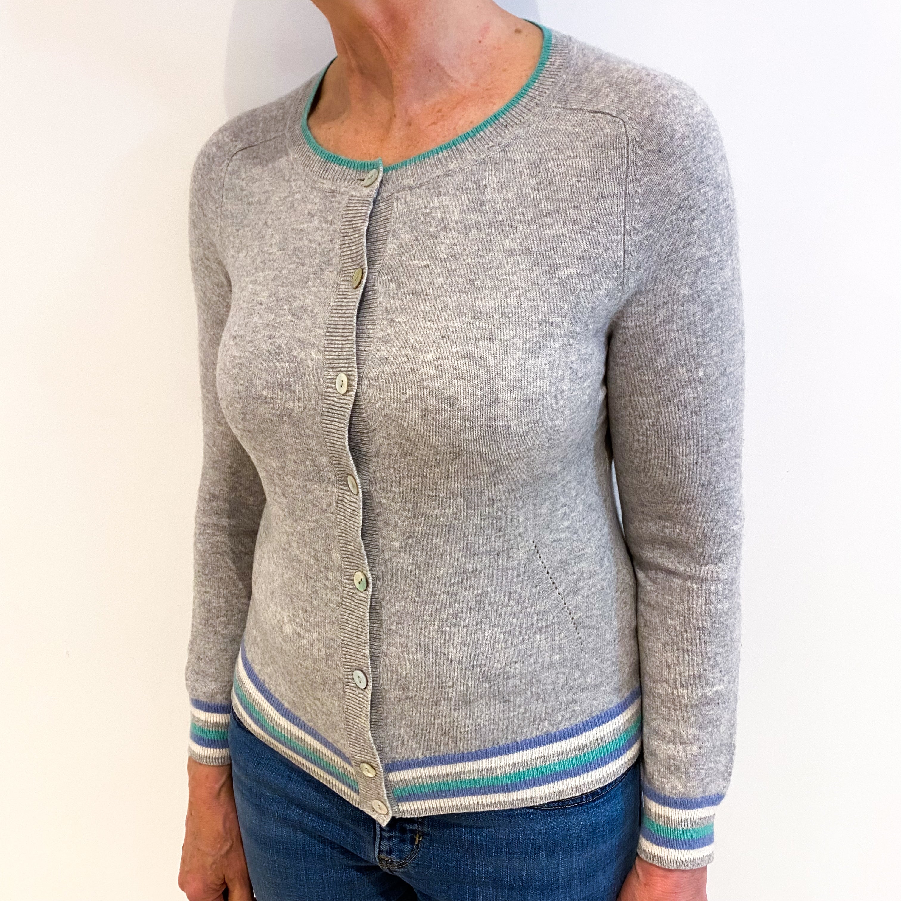 Smoke Grey Cashmere Crew Neck Cardigan With Blue And Green Trim Medium