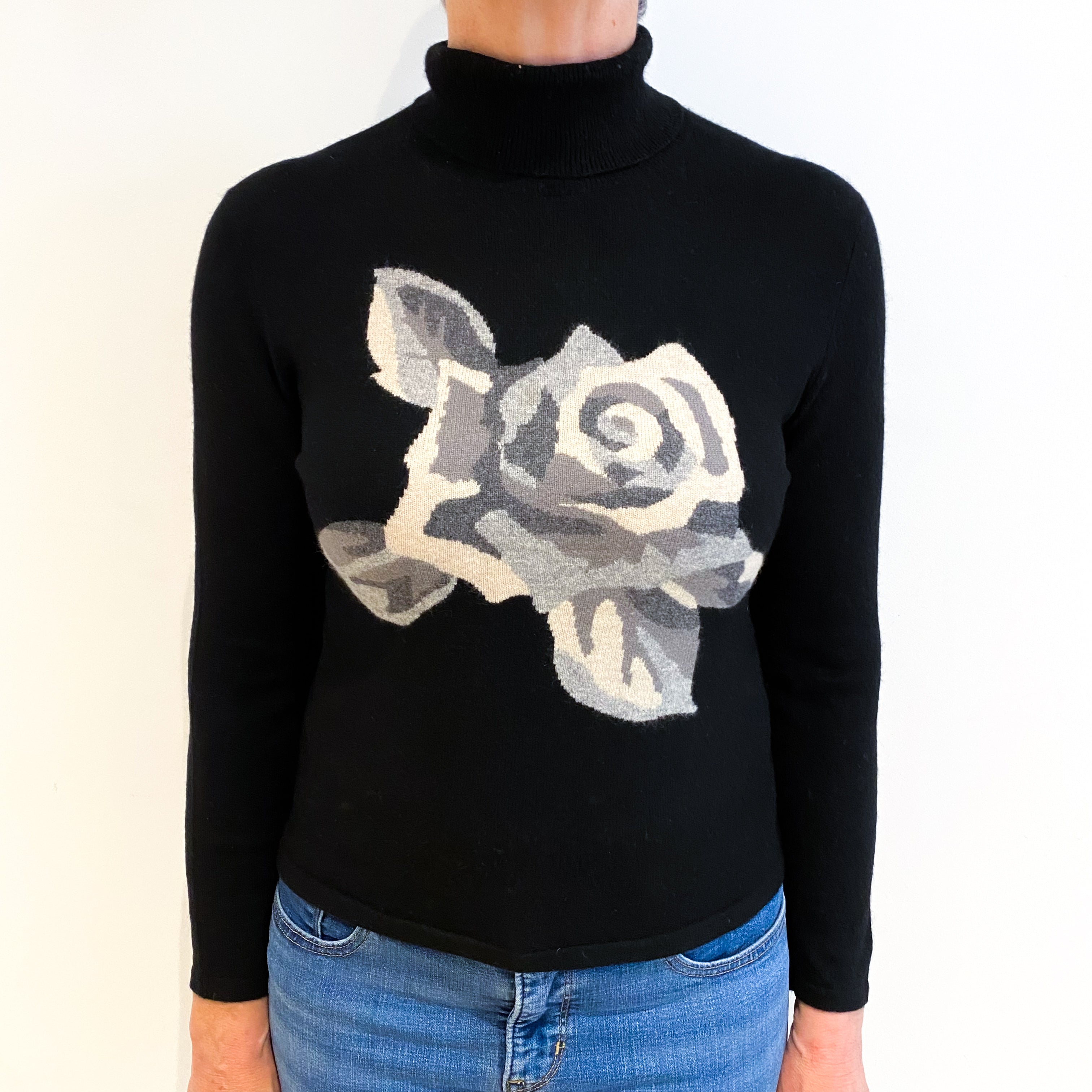 Black With Rose Detail Cashmere Polo Neck Jumper Medium