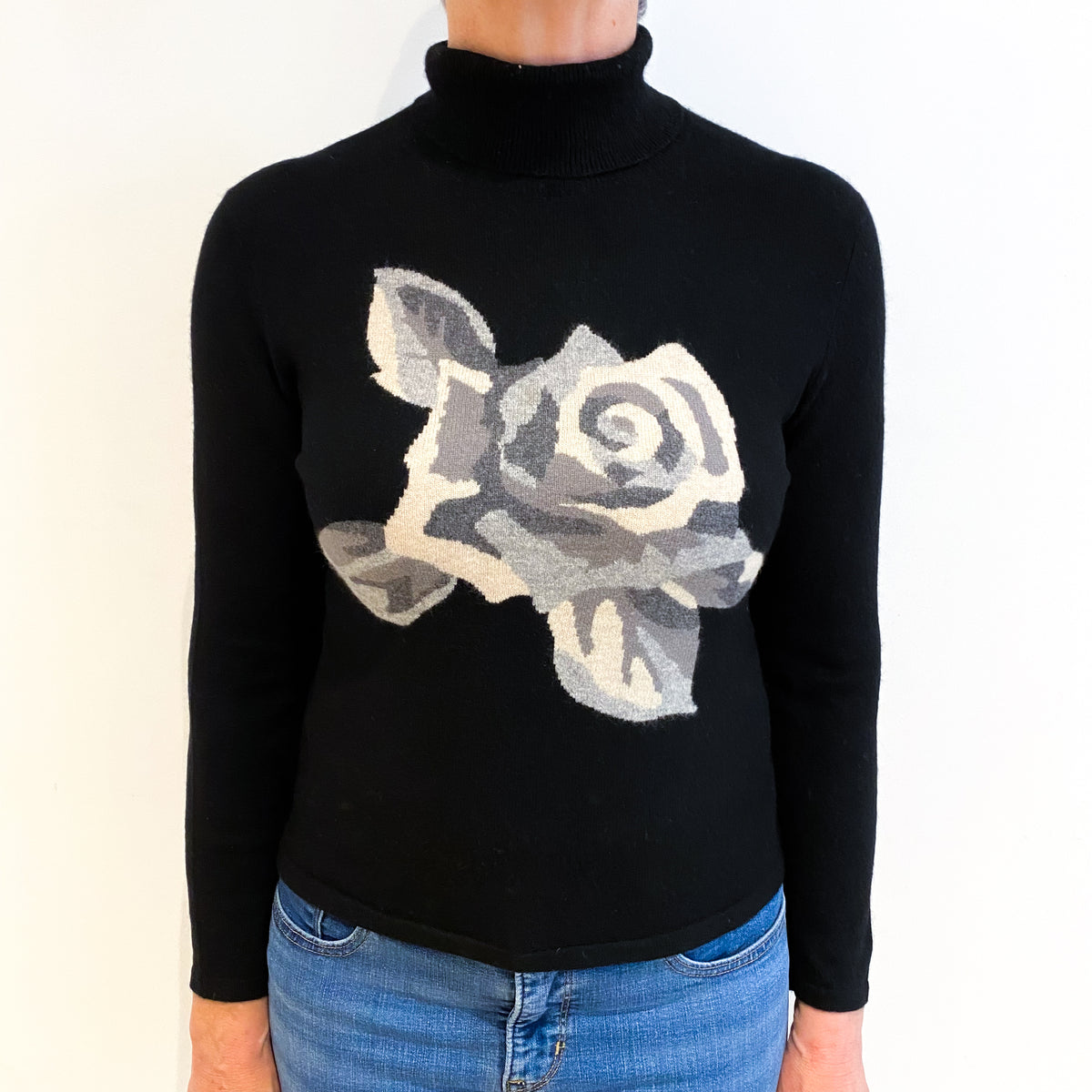 Black With Rose Detail Cashmere Polo Neck Jumper Medium