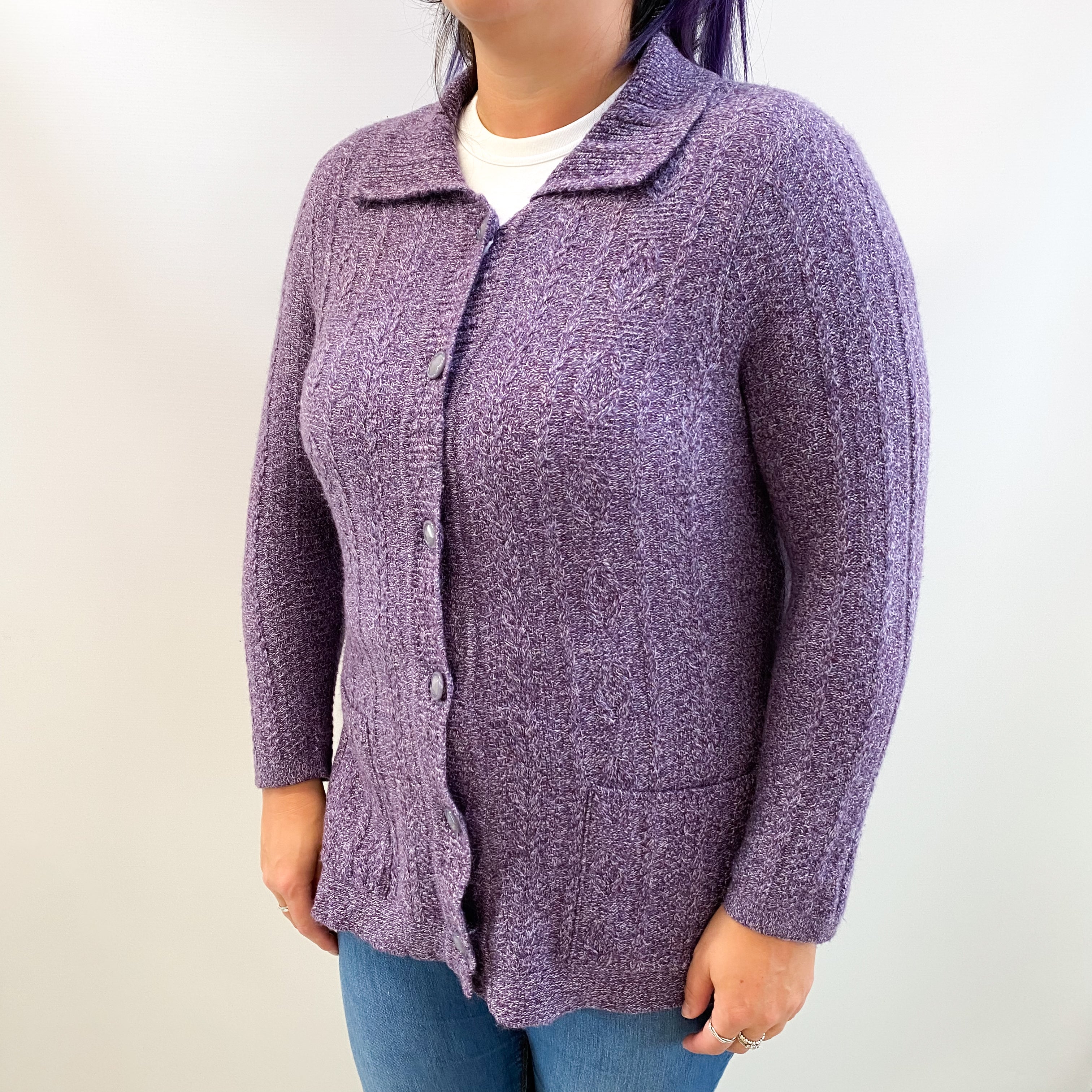Amethyst Purple Marl Cashmere Collared Crew Neck Cardigan Large