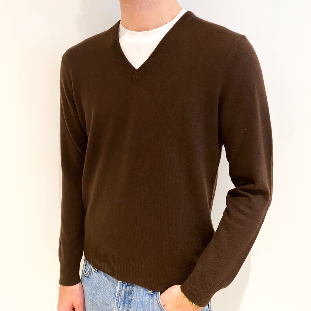 Men's Chocolate Brown Cashmere V Neck Jumper Medium