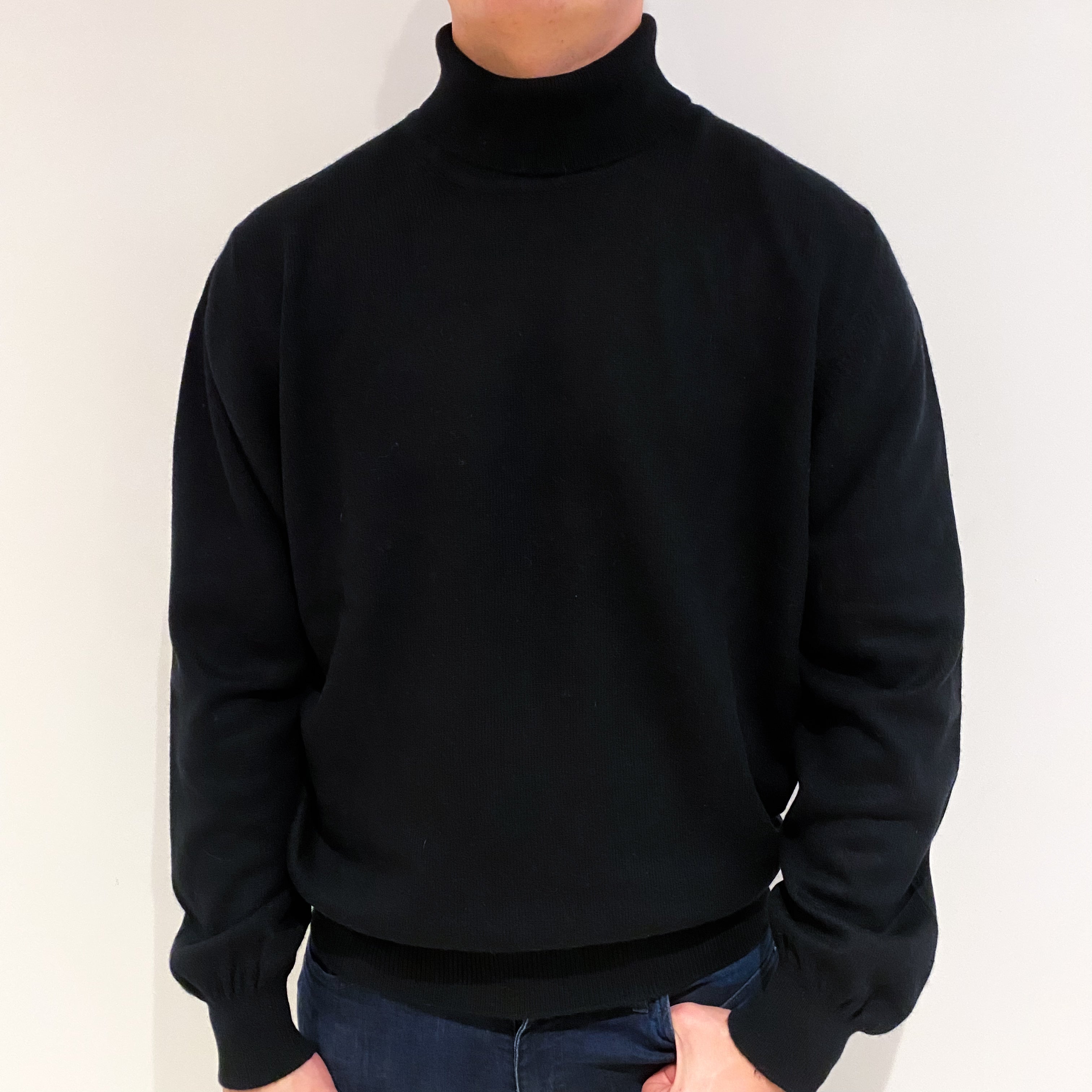 Men's Italian Black Cashmere Polo Neck Jumper XL