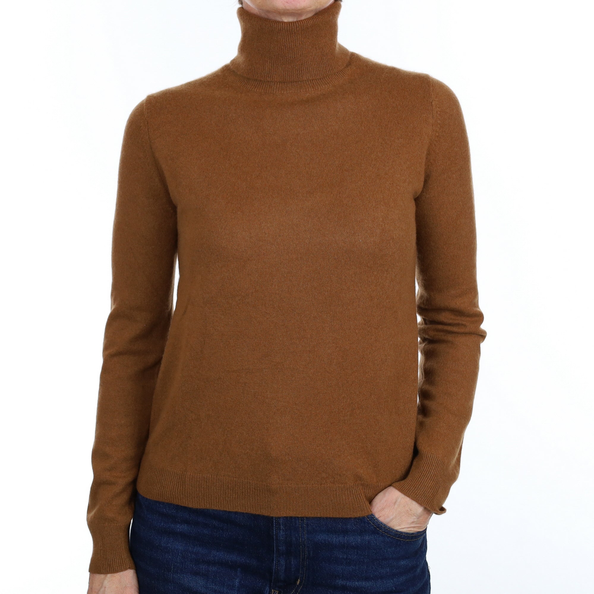 Chestnut Brown Cashmere Polo Neck Jumper Small