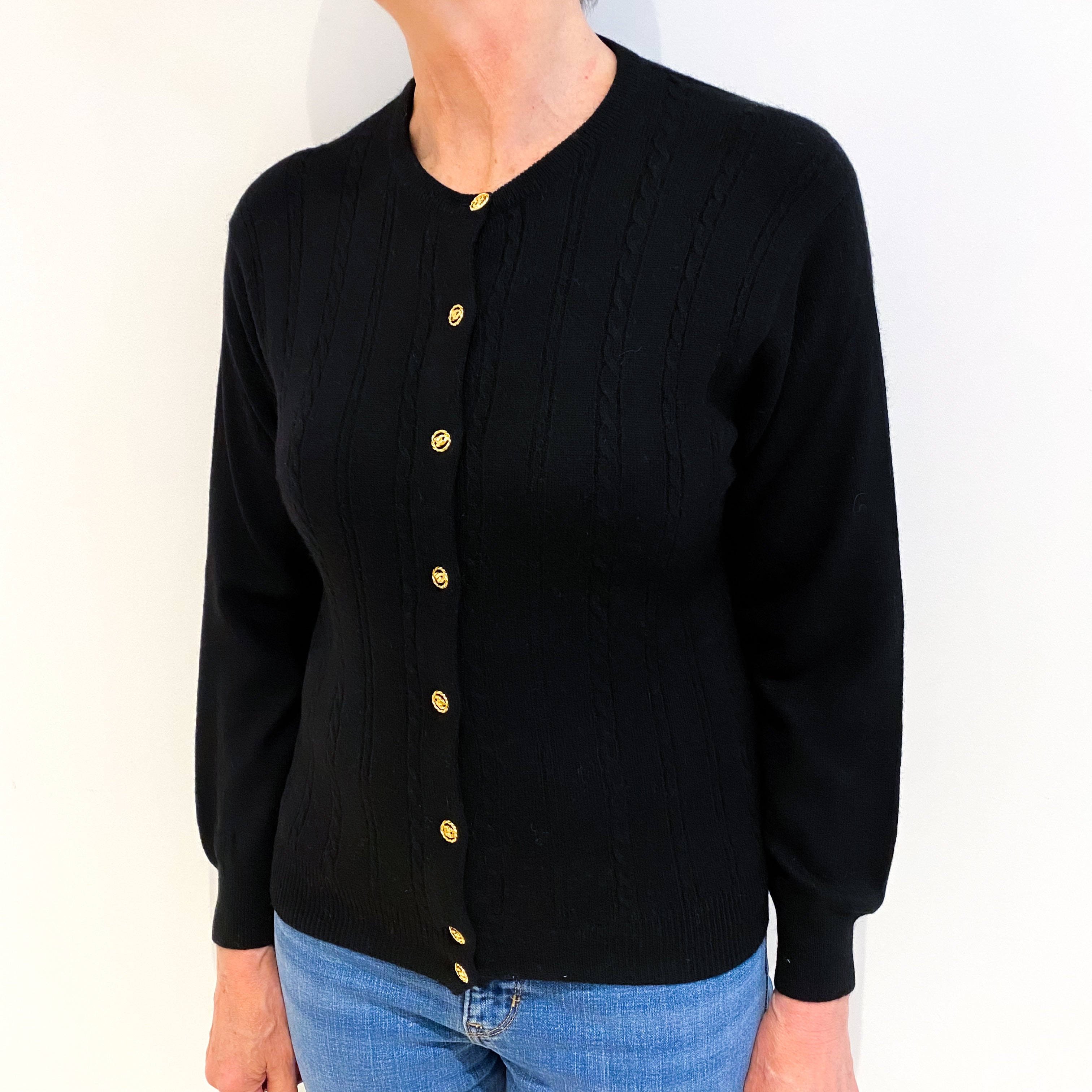 Black Cashmere Crew Neck Cardigan Medium