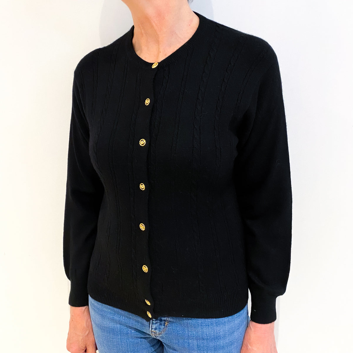Black Cashmere Crew Neck Cardigan Medium
