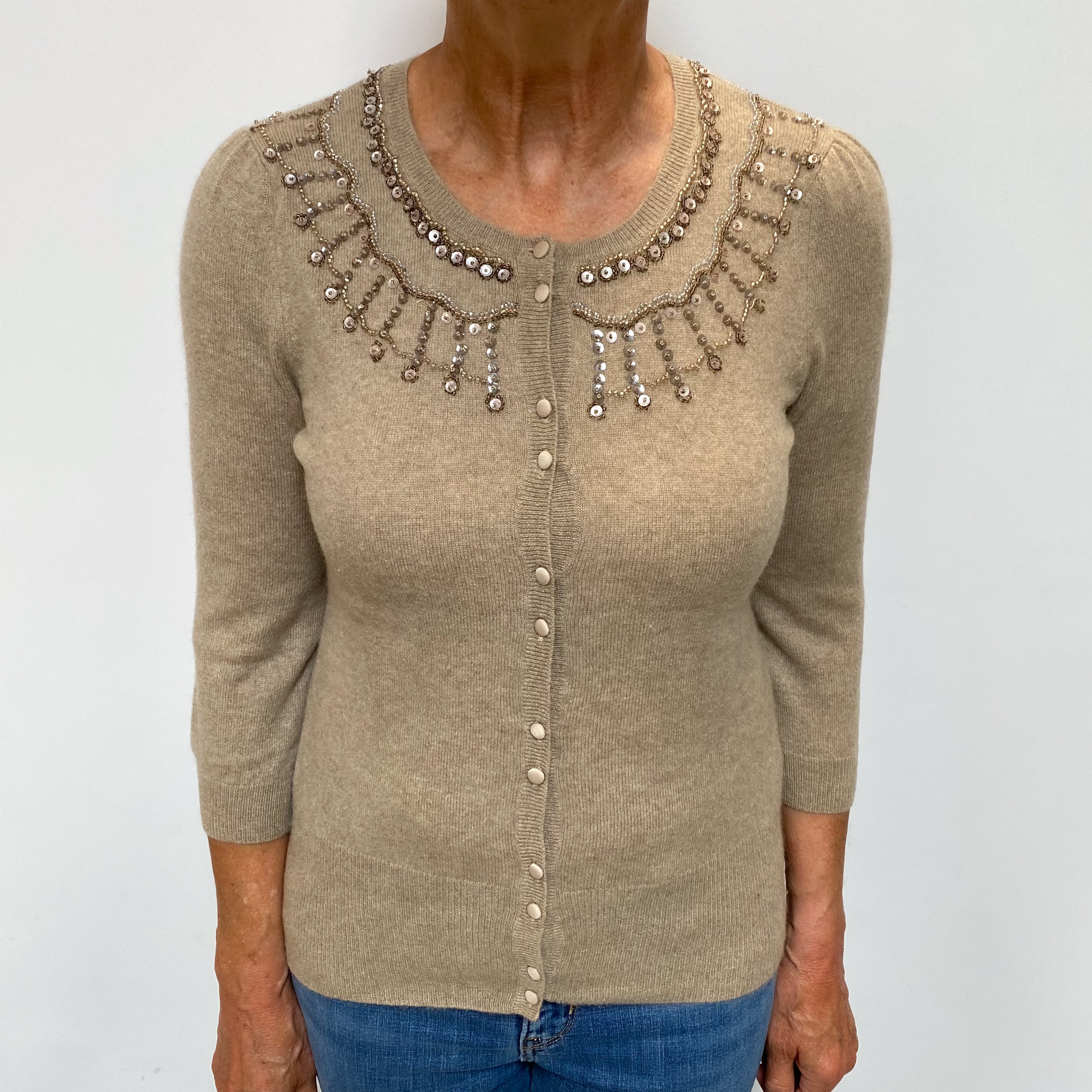 Taupe Brown Embellished Cashmere Crew Neck Cardigan Medium