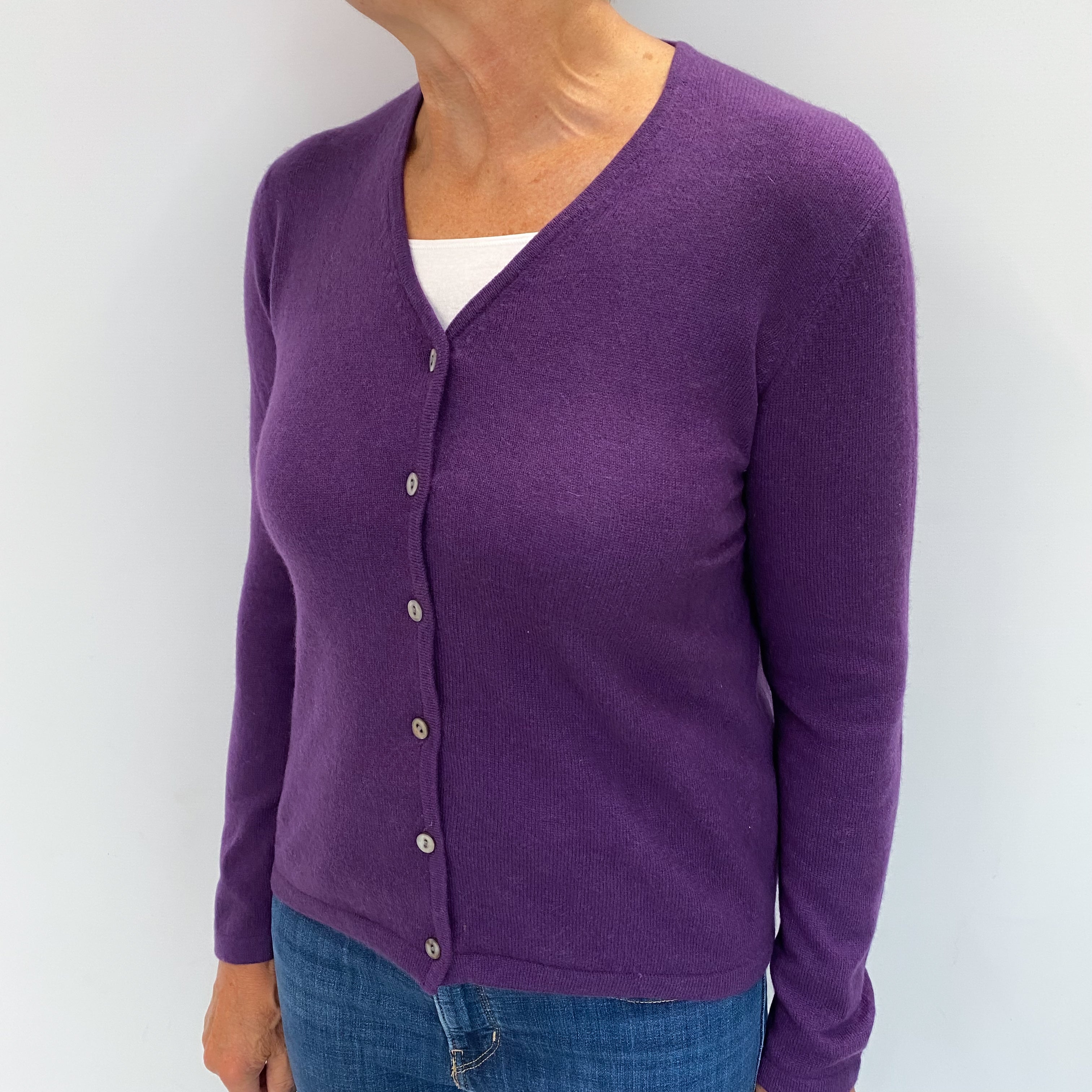 Plum Purple Cashmere V Neck Cardigan Medium