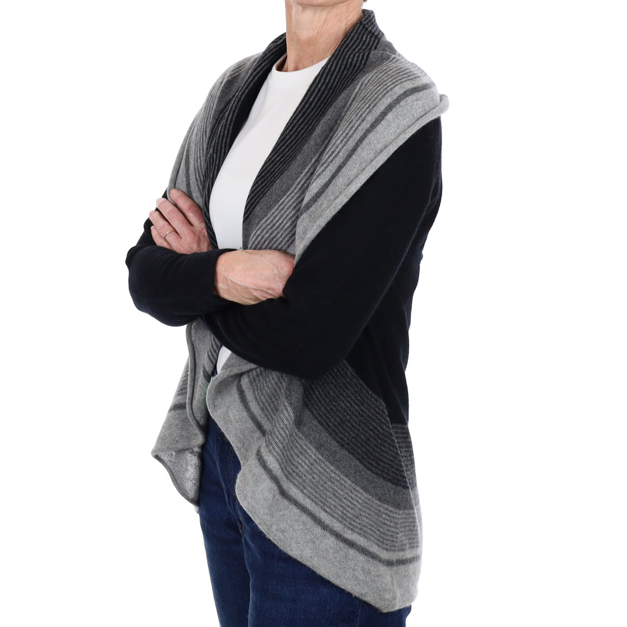 Black and Grey Striped Cashmere Waterfall Cardigan Small