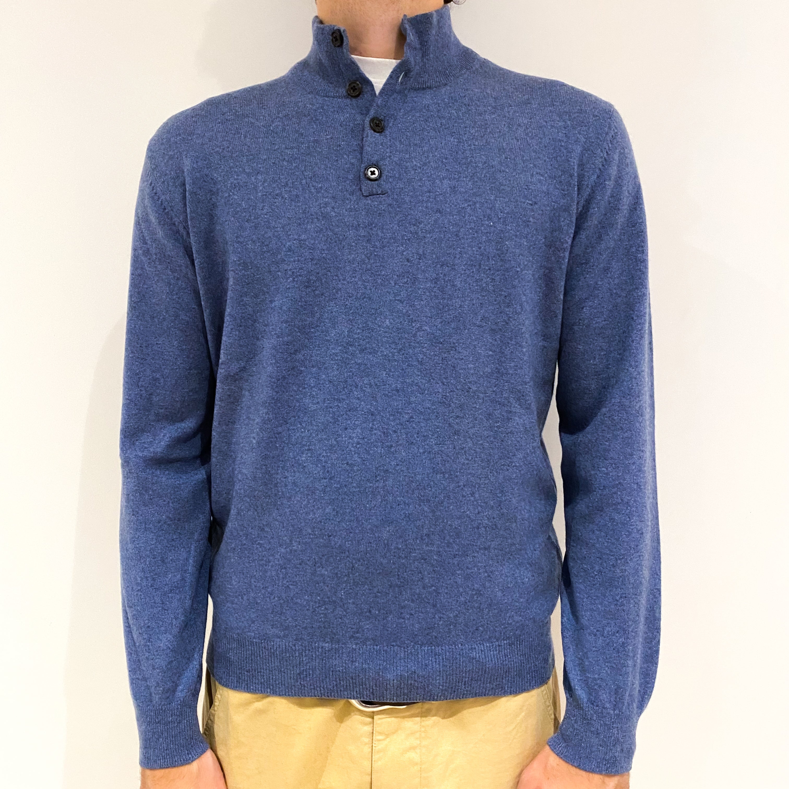 Men's Air Force Blue Cashmere 1/4 Button Jumper Large