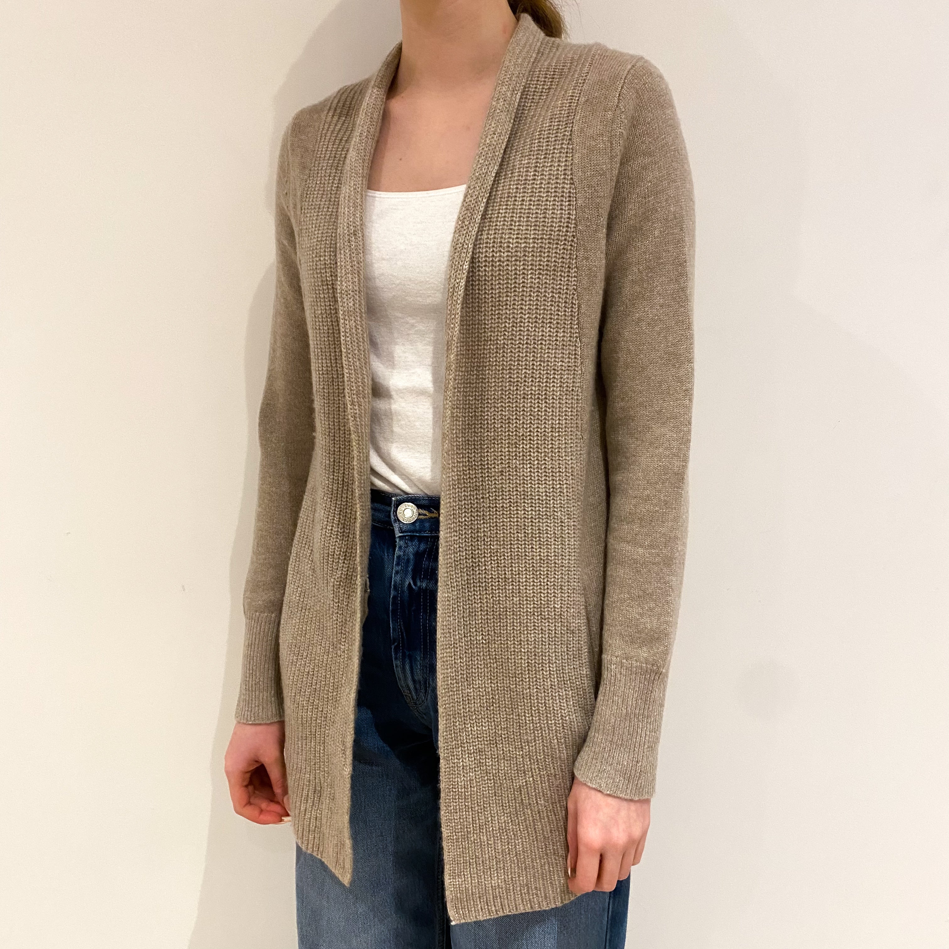 Fawn Brown Chunky Cashmere Edge to Edge Cardigan with Pockets Extra Small