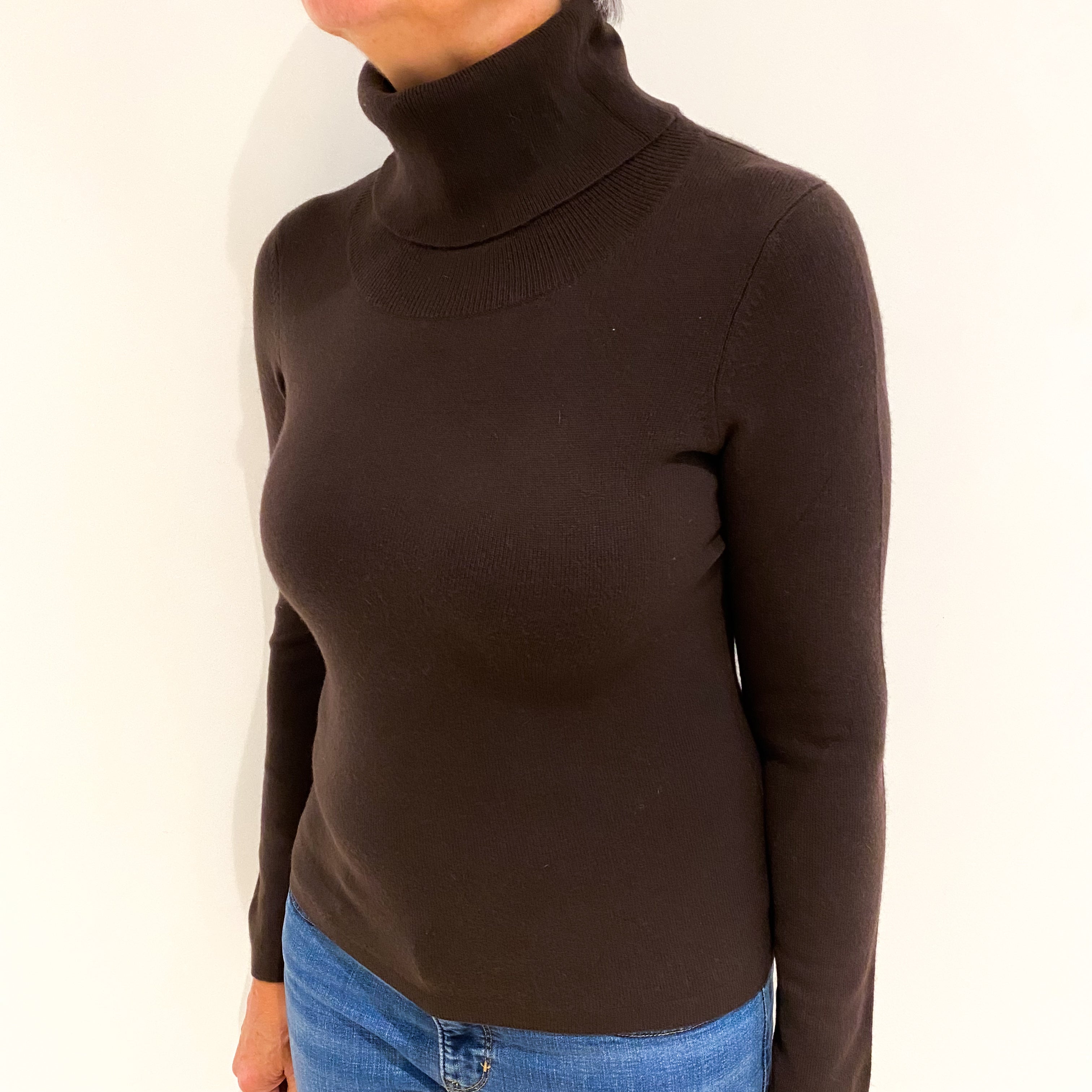 Chocolate Brown Cashmere Polo Neck Jumper Medium