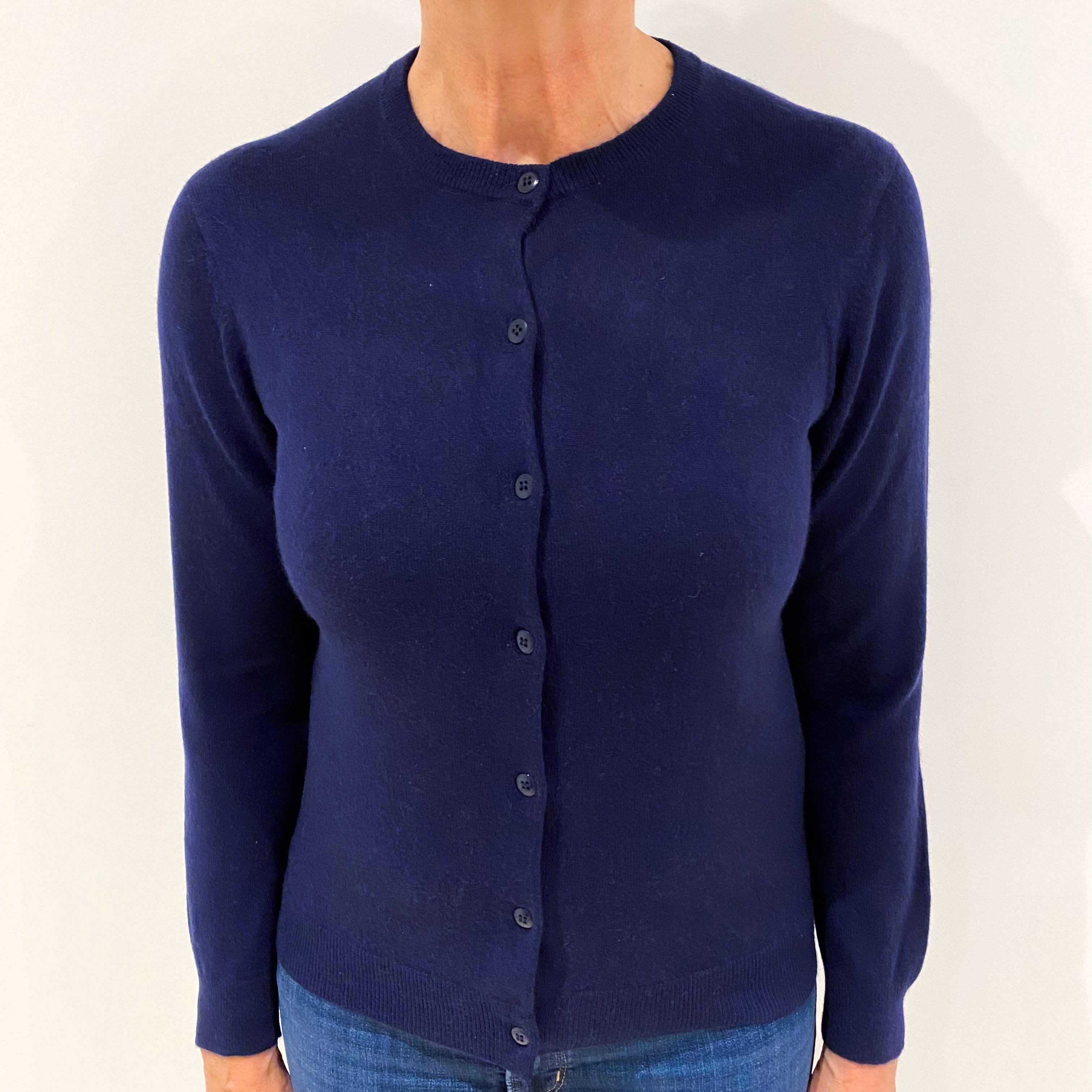 Navy Cashmere Crew Neck Cardigan Medium