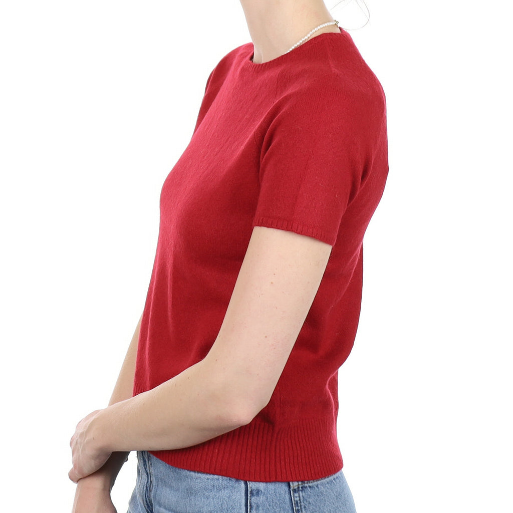 Berry Red Cashmere Short Sleeve Crew Neck Jumper Small