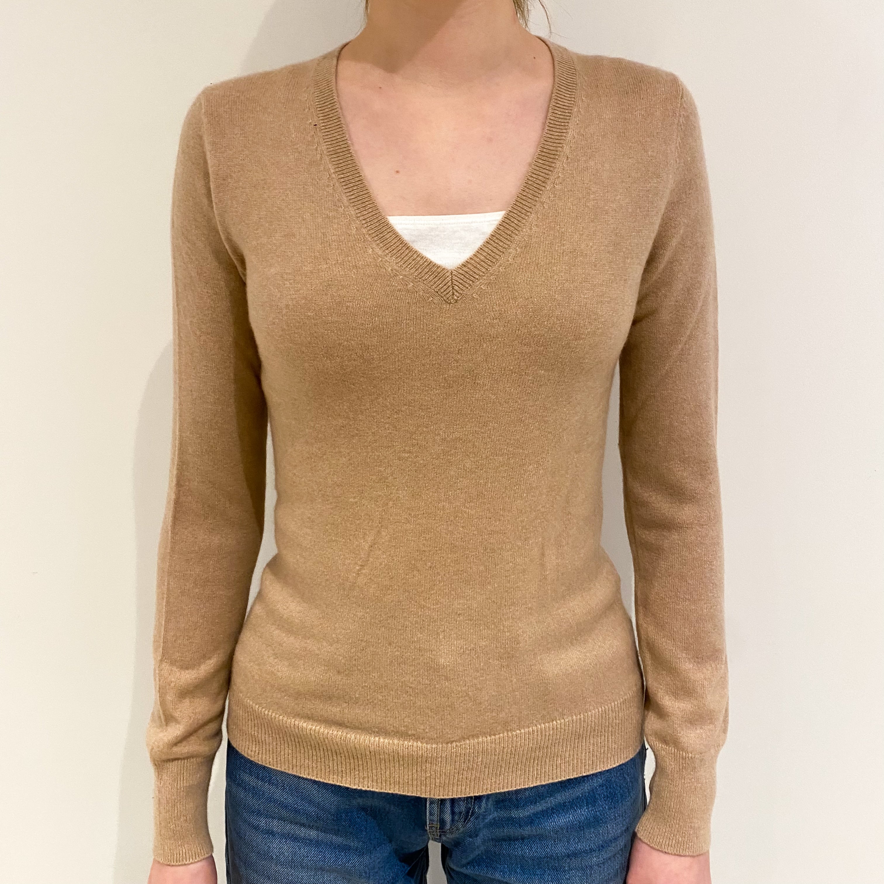 Fudge Brown Cashmere V Neck Jumper Extra Small