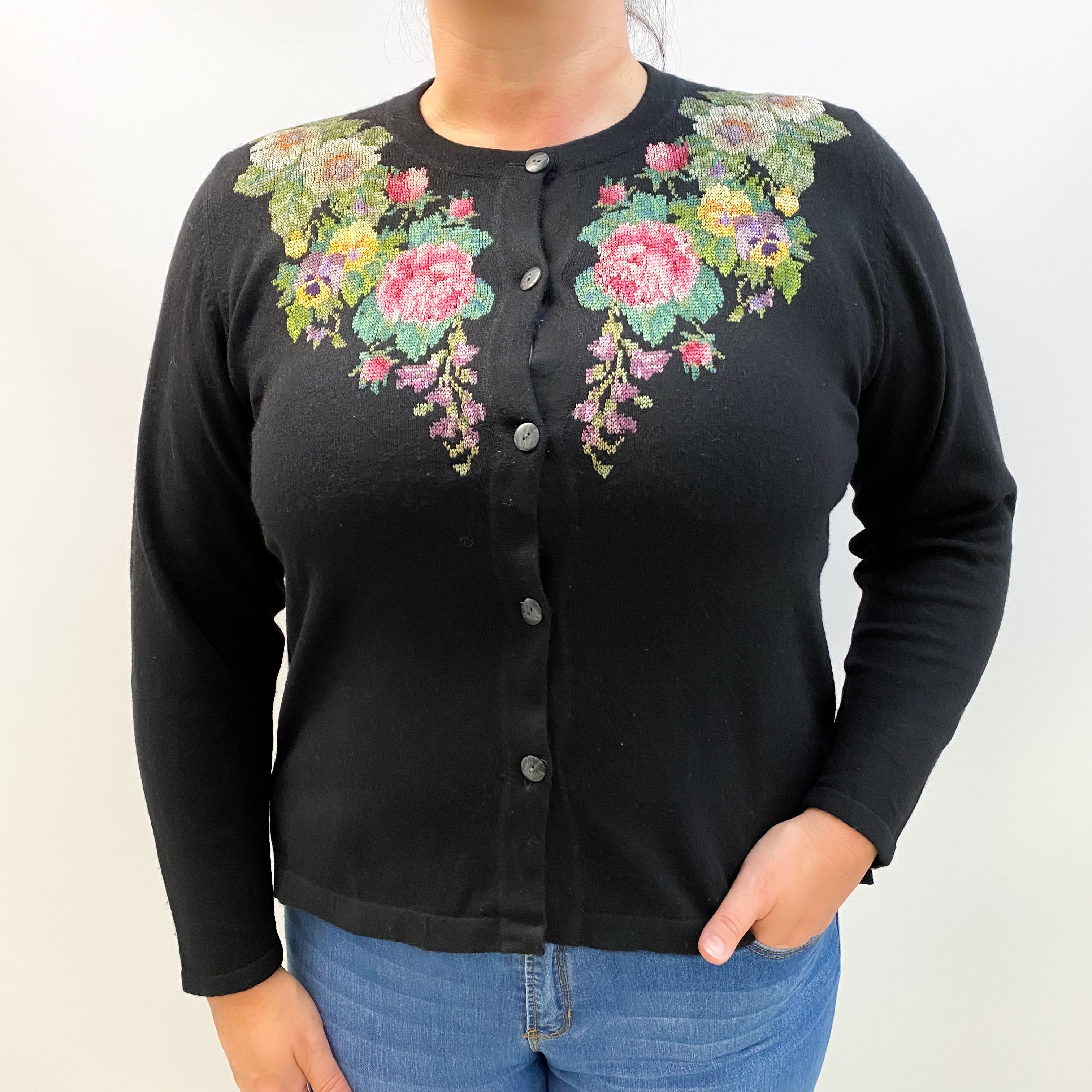 Black Cashmere Crew Neck Cardigan Large