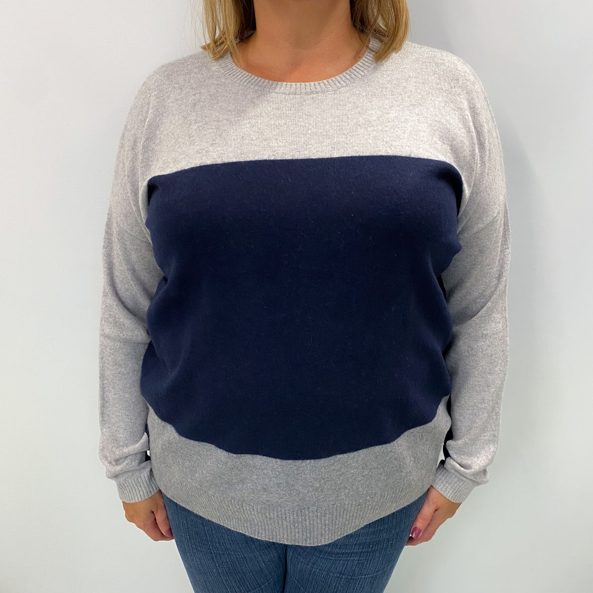 Grey and Navy Blue Colour Block Cashmere Crew Neck Jumper Extra Large
