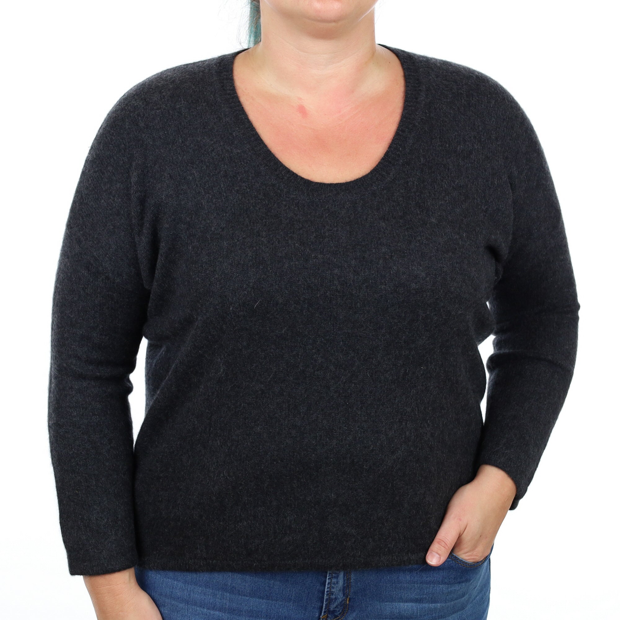 Charcoal Grey Cashmere Scoop Neck Jumper Large
