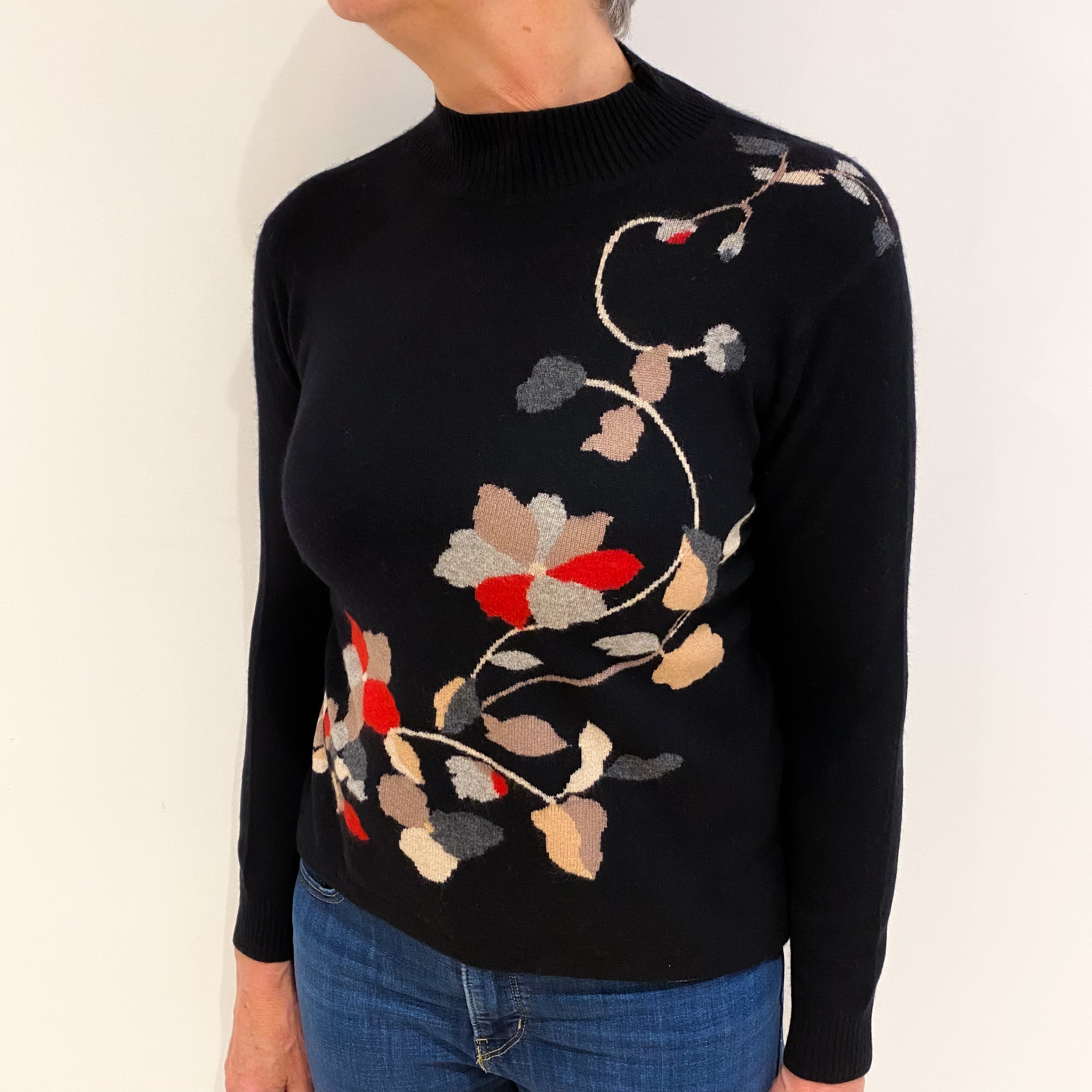 Black Floral Cashmere Turtle Neck Jumper Medium