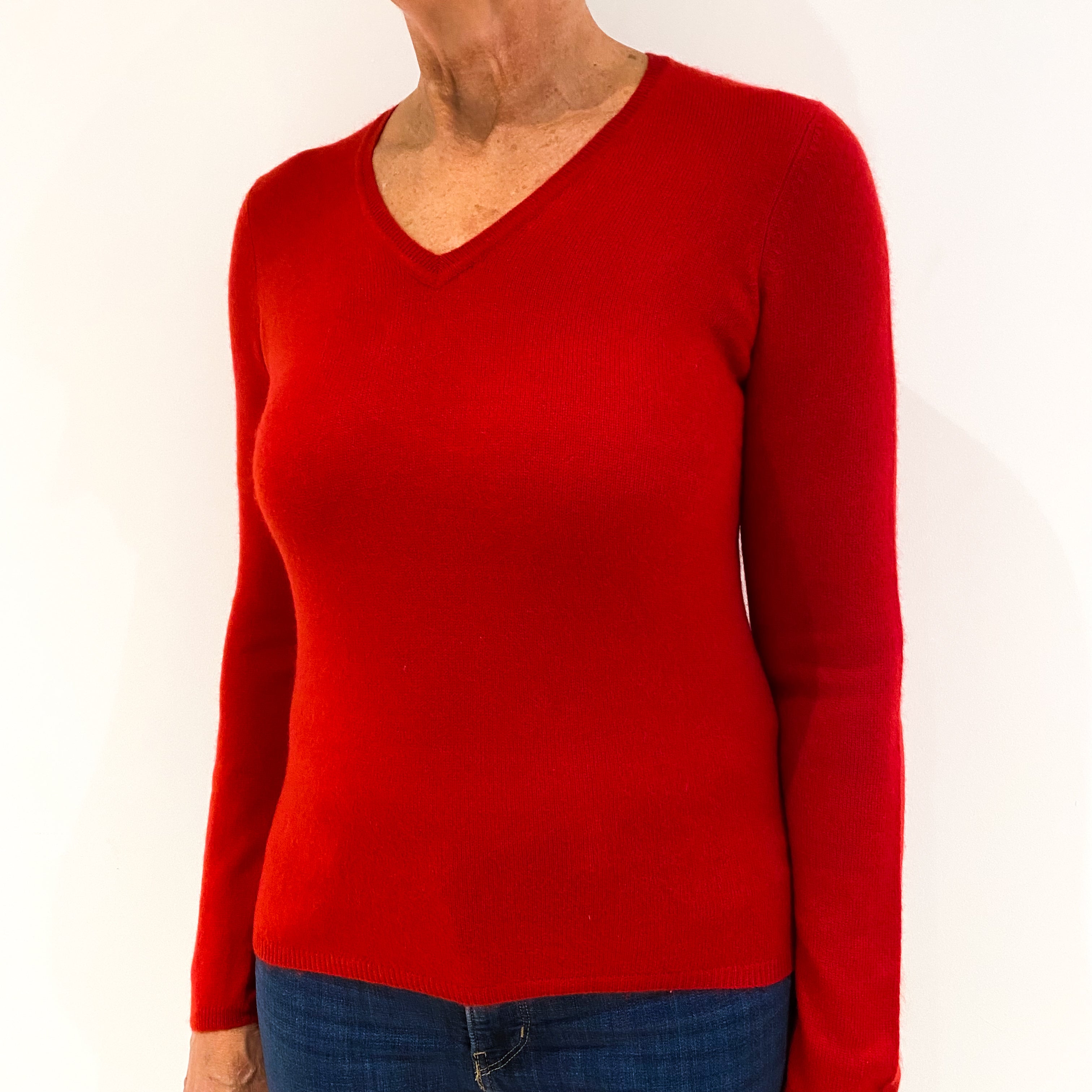 Post Box Red Cashmere V-Neck Jumper Medium