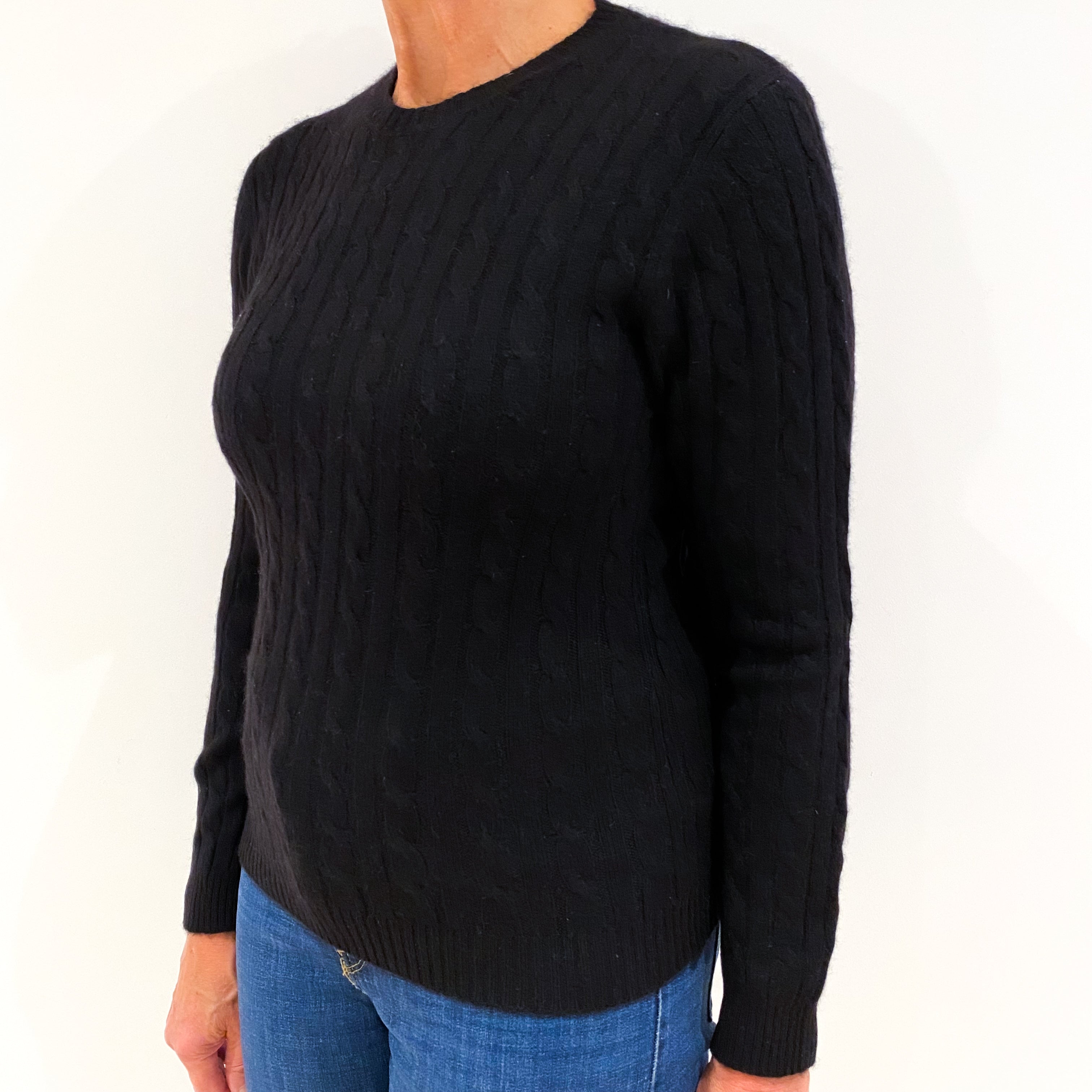 Black Cable Knit Cashmere Crew Neck Jumper Medium
