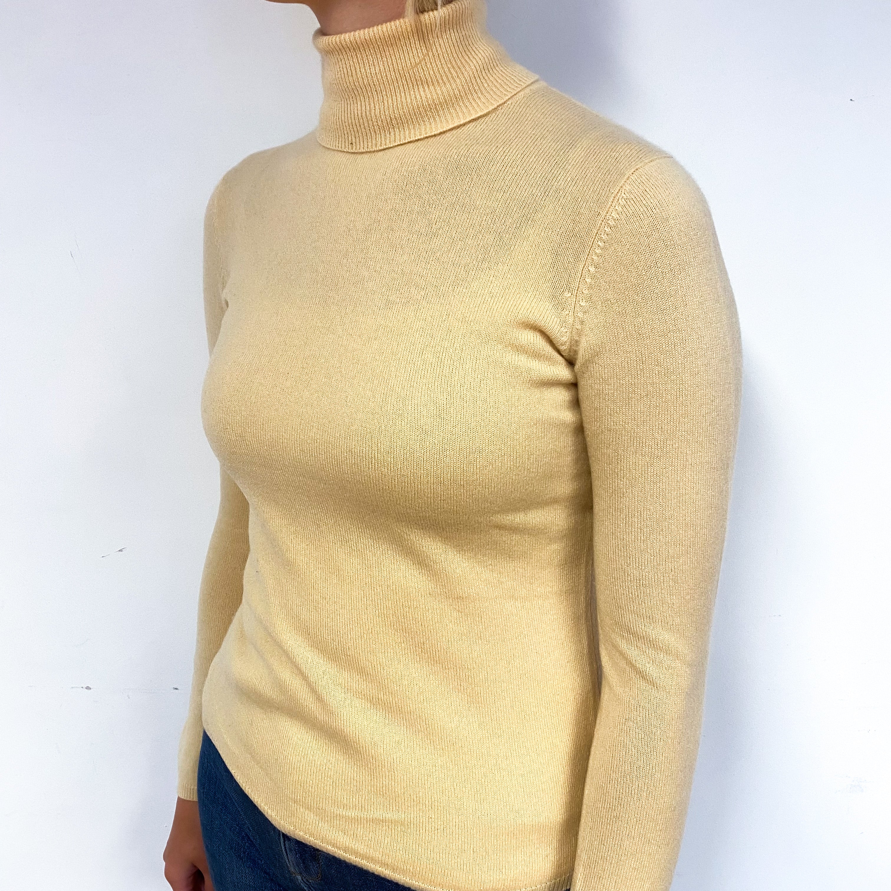 Pale Apricot Yellow Cashmere Polo Neck Jumper Small