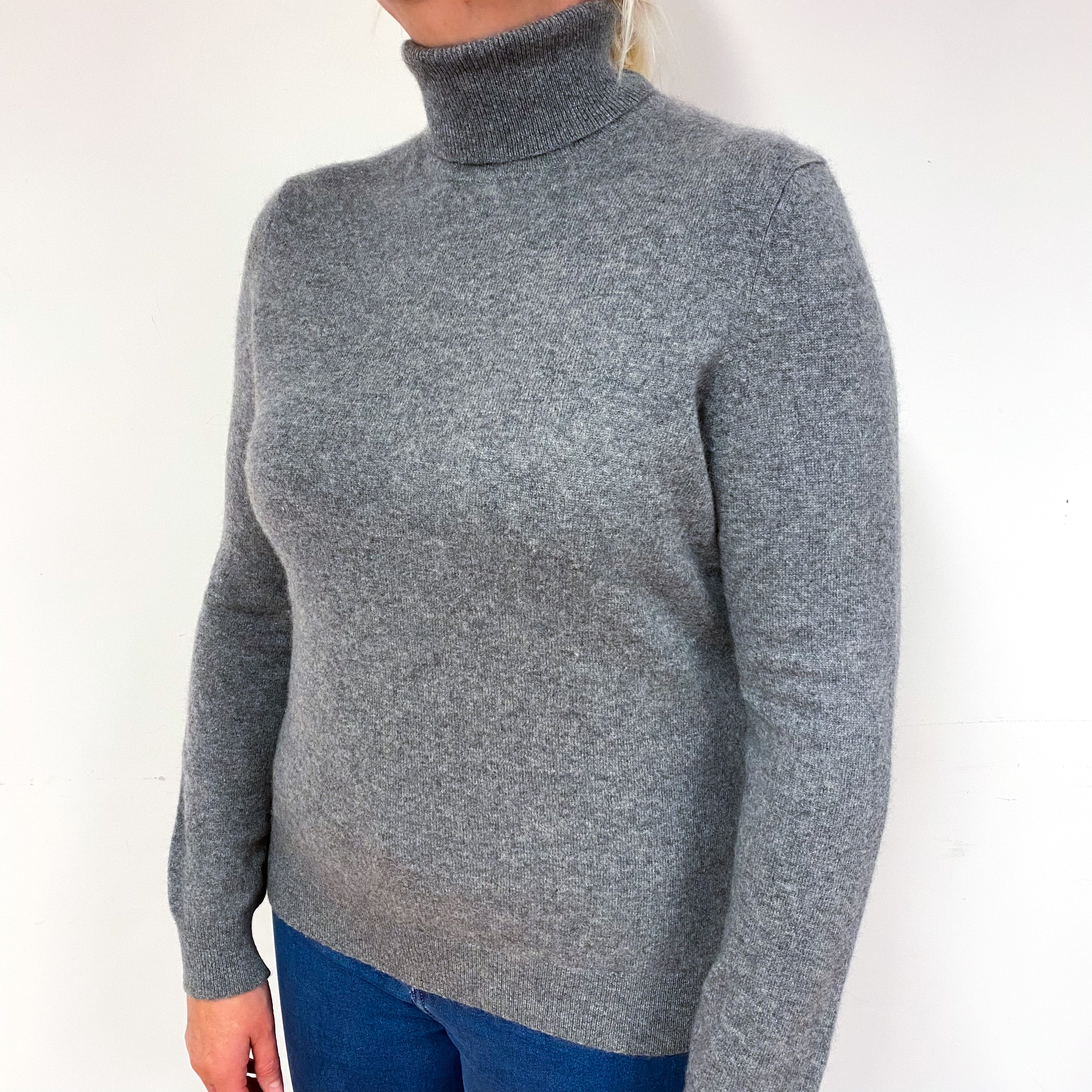 Ash Grey Cashmere Polo Neck Jumper Large