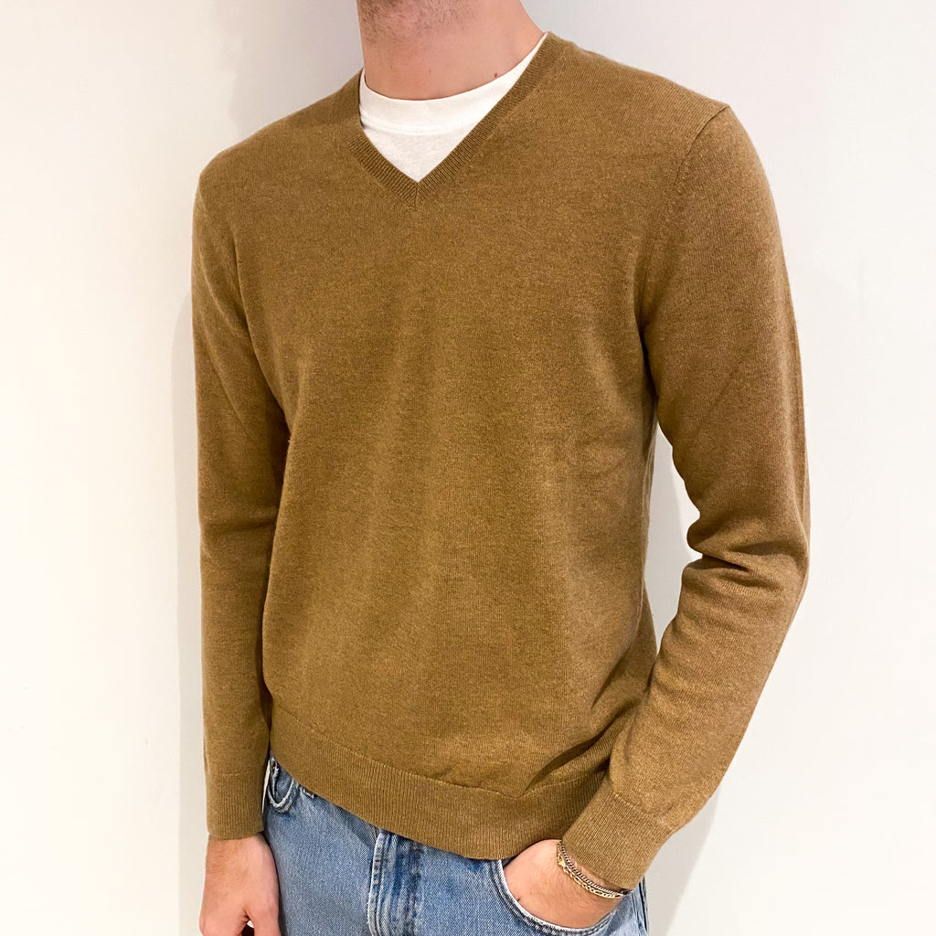 Men's Toffee Brown Cashmere V Neck Jumper Medium