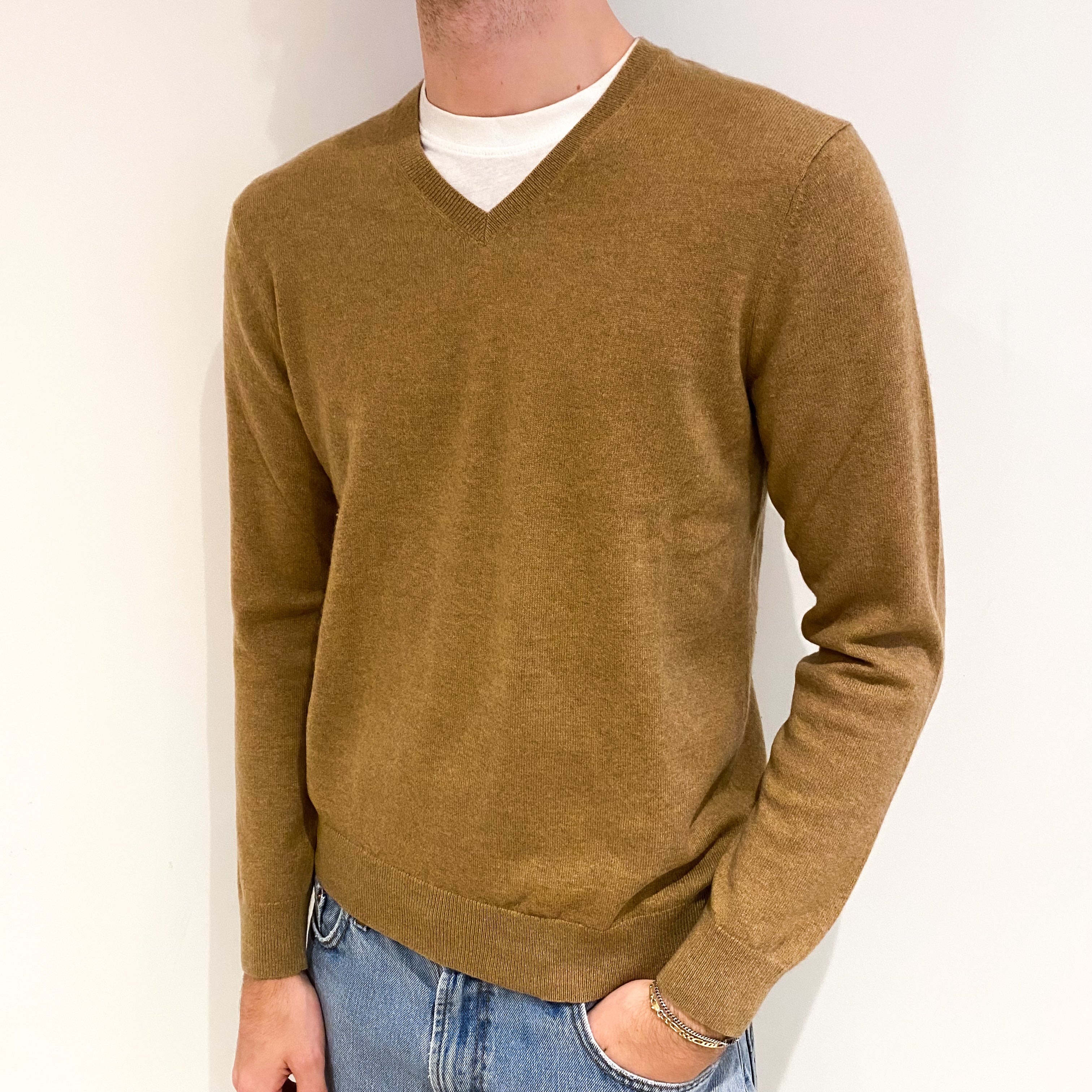Men's Toffee Brown Cashmere V Neck Jumper Medium