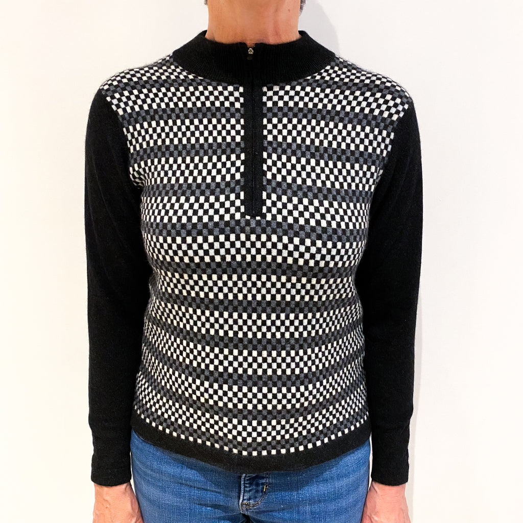 Black and Grey Checkerboard Cashmere 3/4 Zip Funnel Neck Jumper Medium