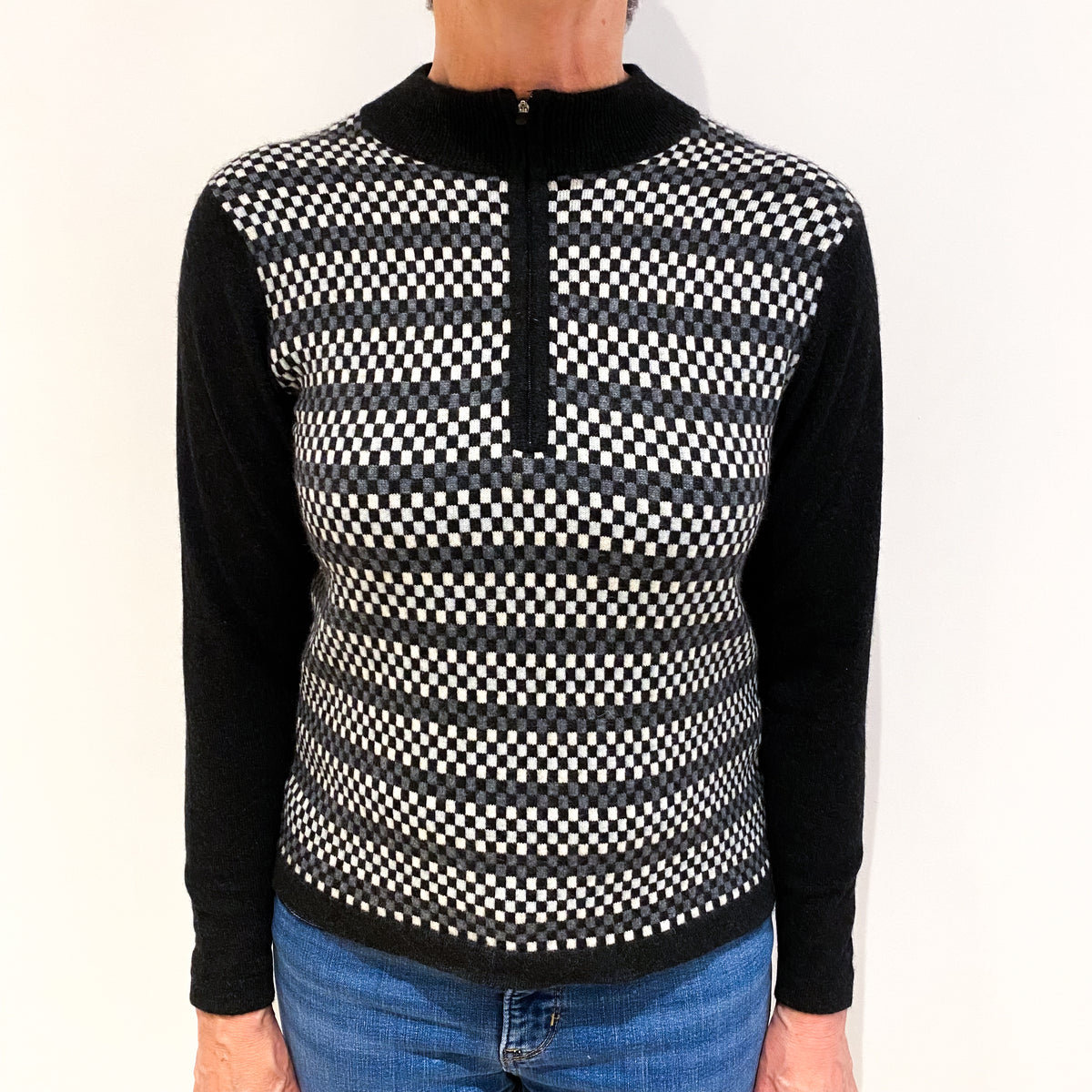 Black and Grey Checkerboard Cashmere 3/4 Zip Funnel Neck Jumper Medium