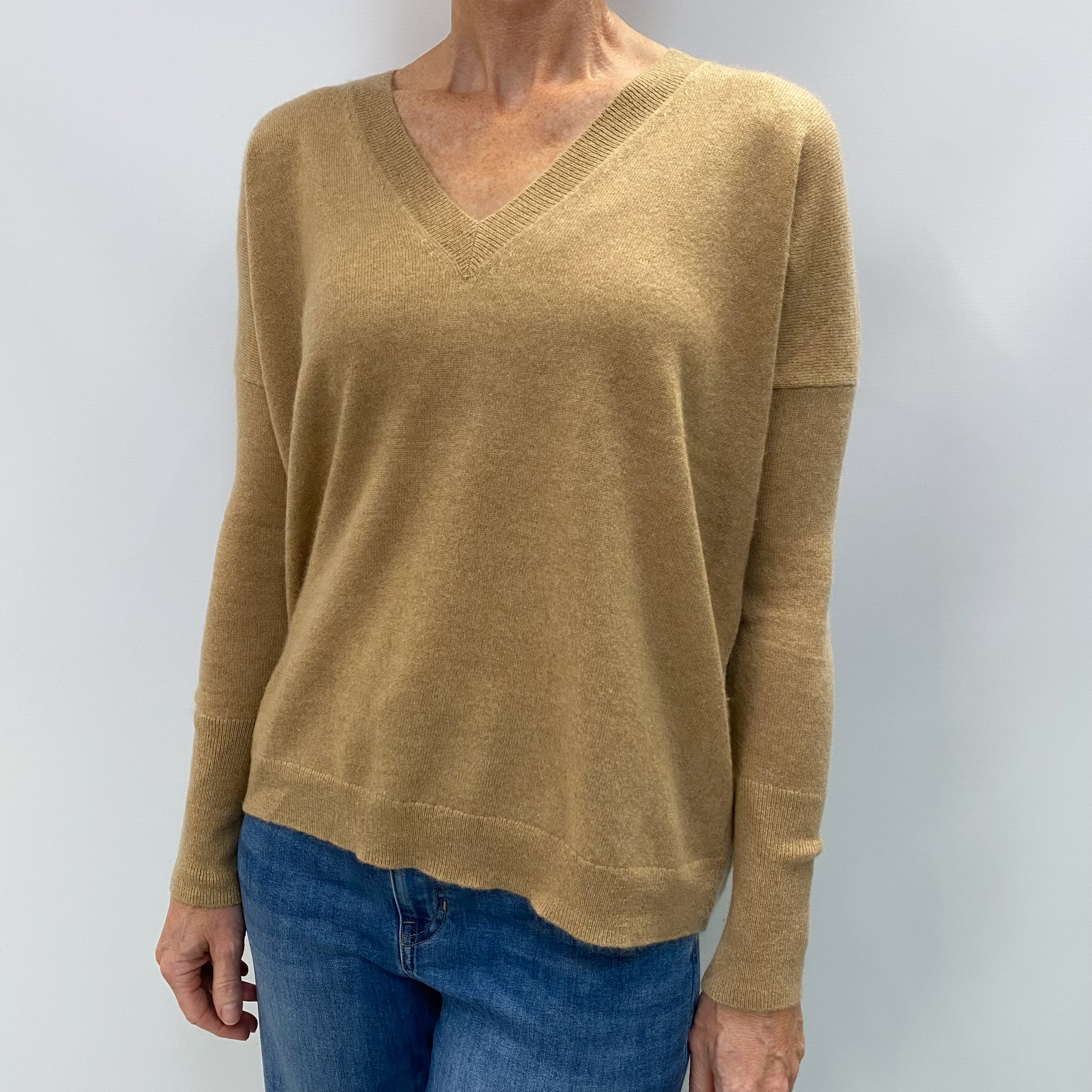 Camel Brown Cashmere V Neck Jumper Small