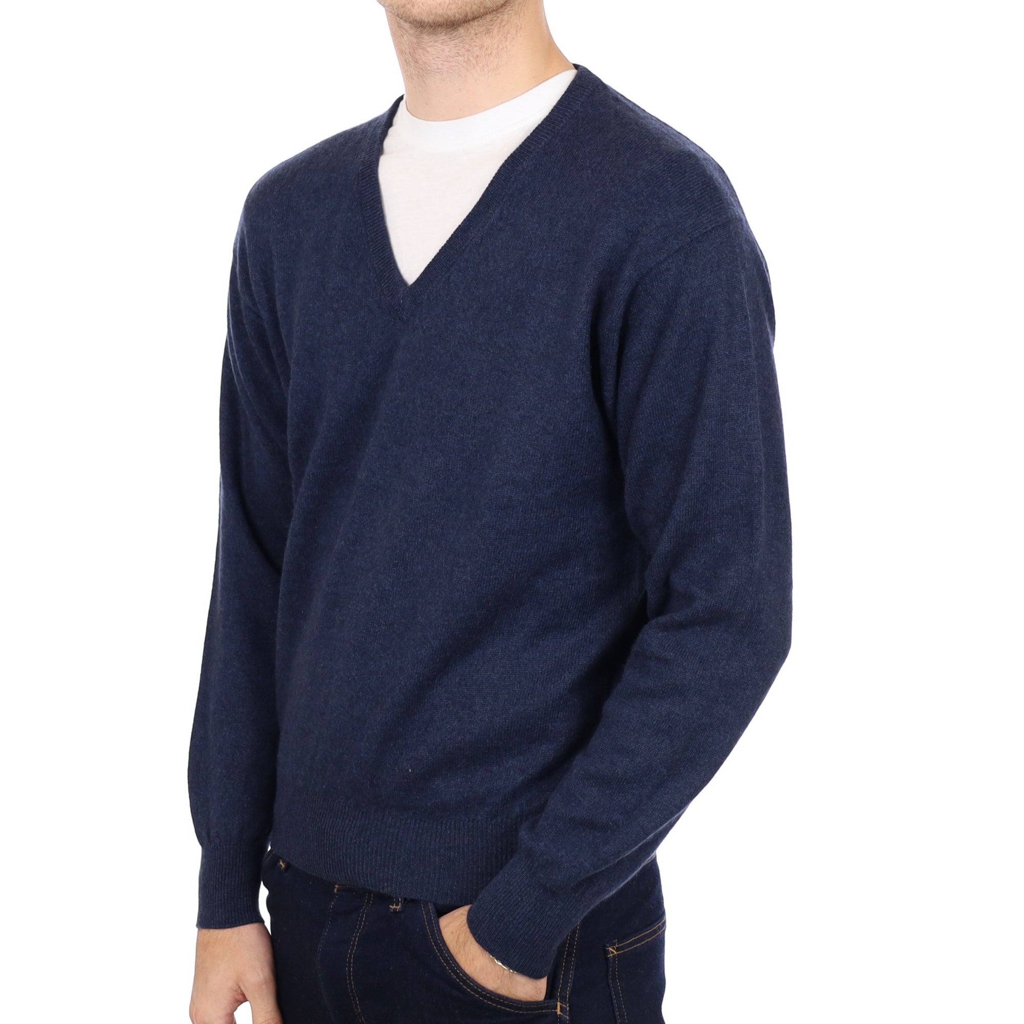Men's Midnight Blue Cashmere V Neck Jumper Medium