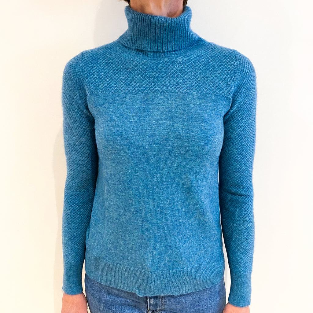 Aqua Blue Marl Cashmere Polo Neck Jumper Small