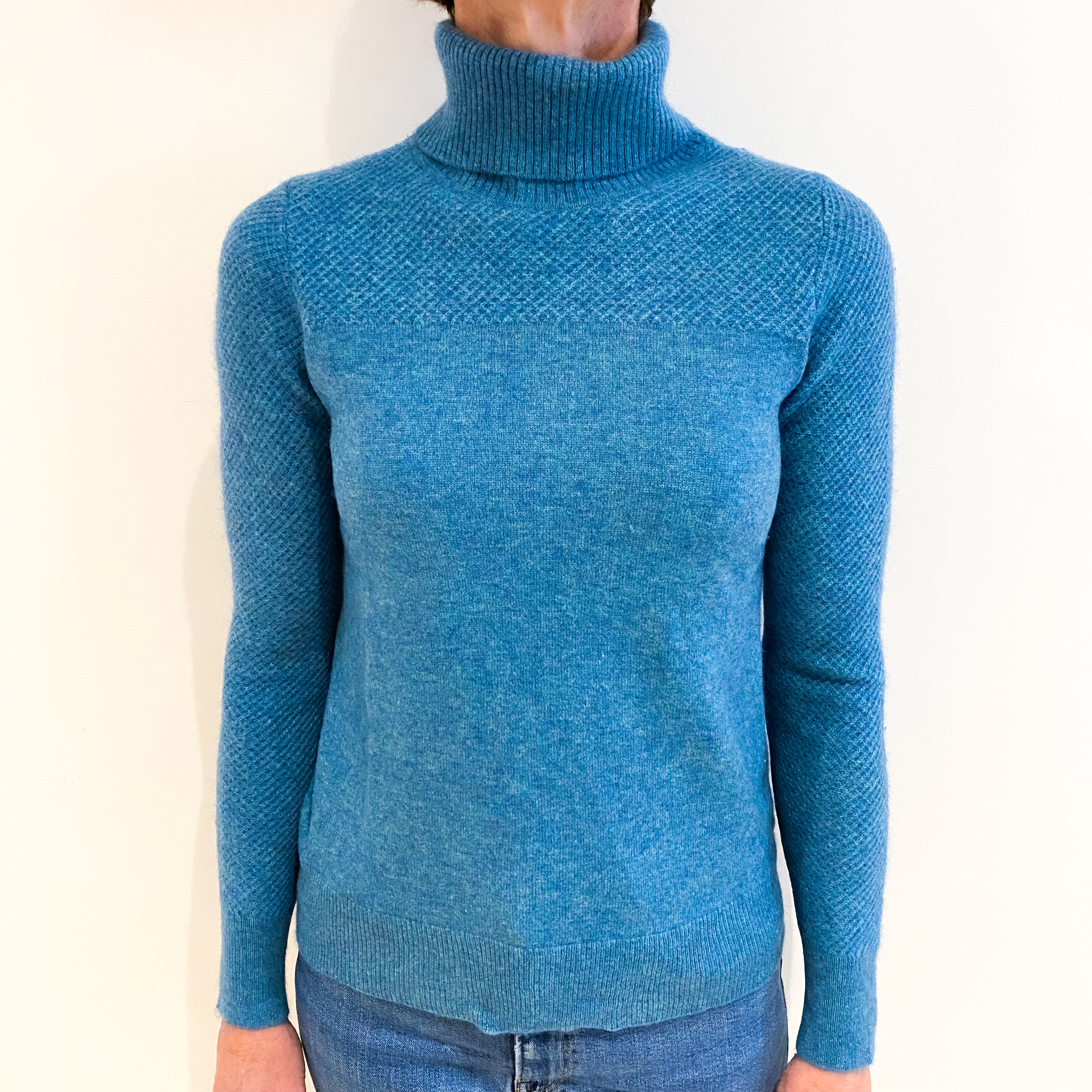 Aqua Blue Marl Cashmere Polo Neck Jumper Small