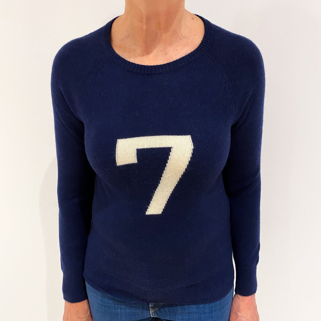 Navy Blue and Cream No.7 Cashmere Crew Neck Slim Fit Jumper Medium