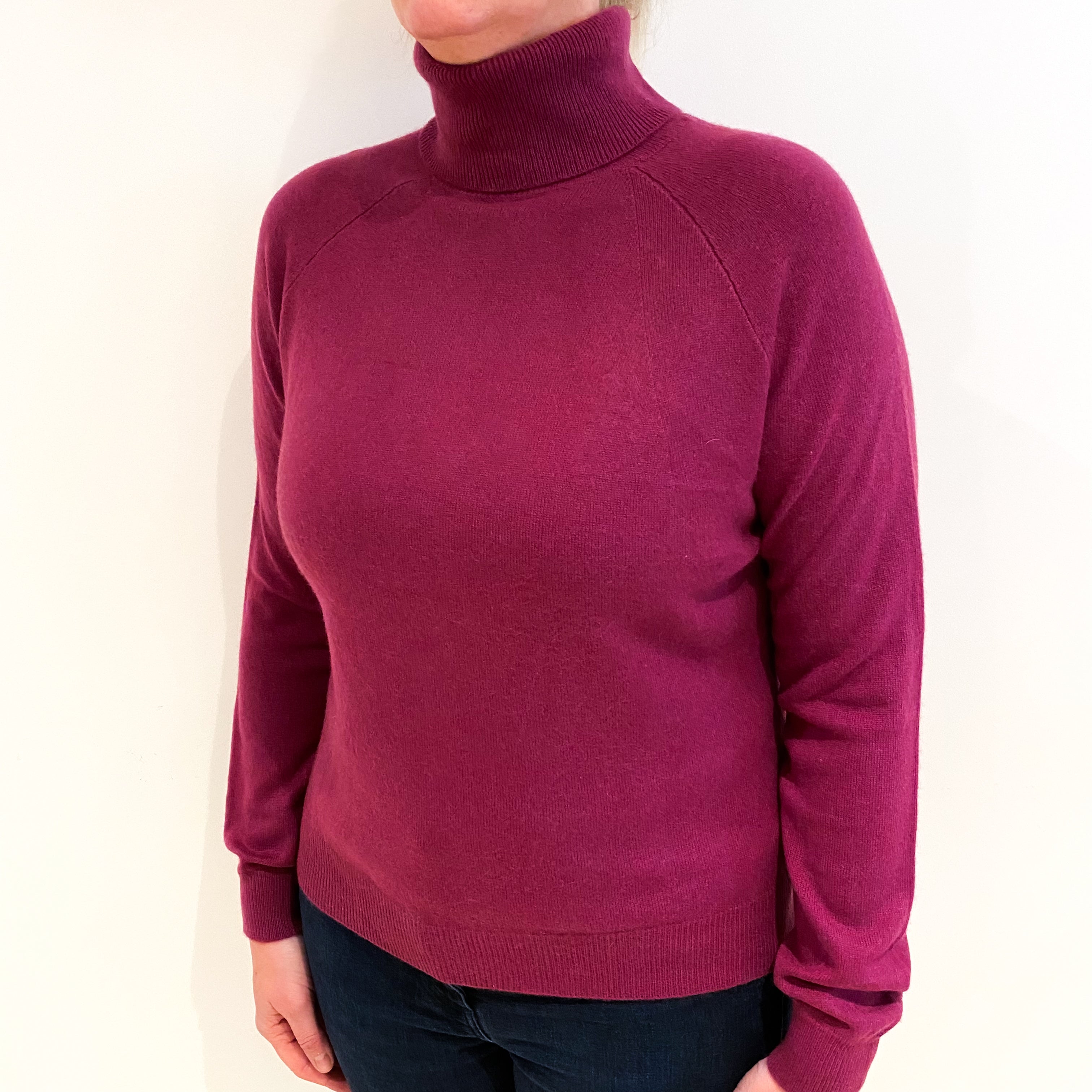Plum Pink Cashmere Polo Neck Jumper Large