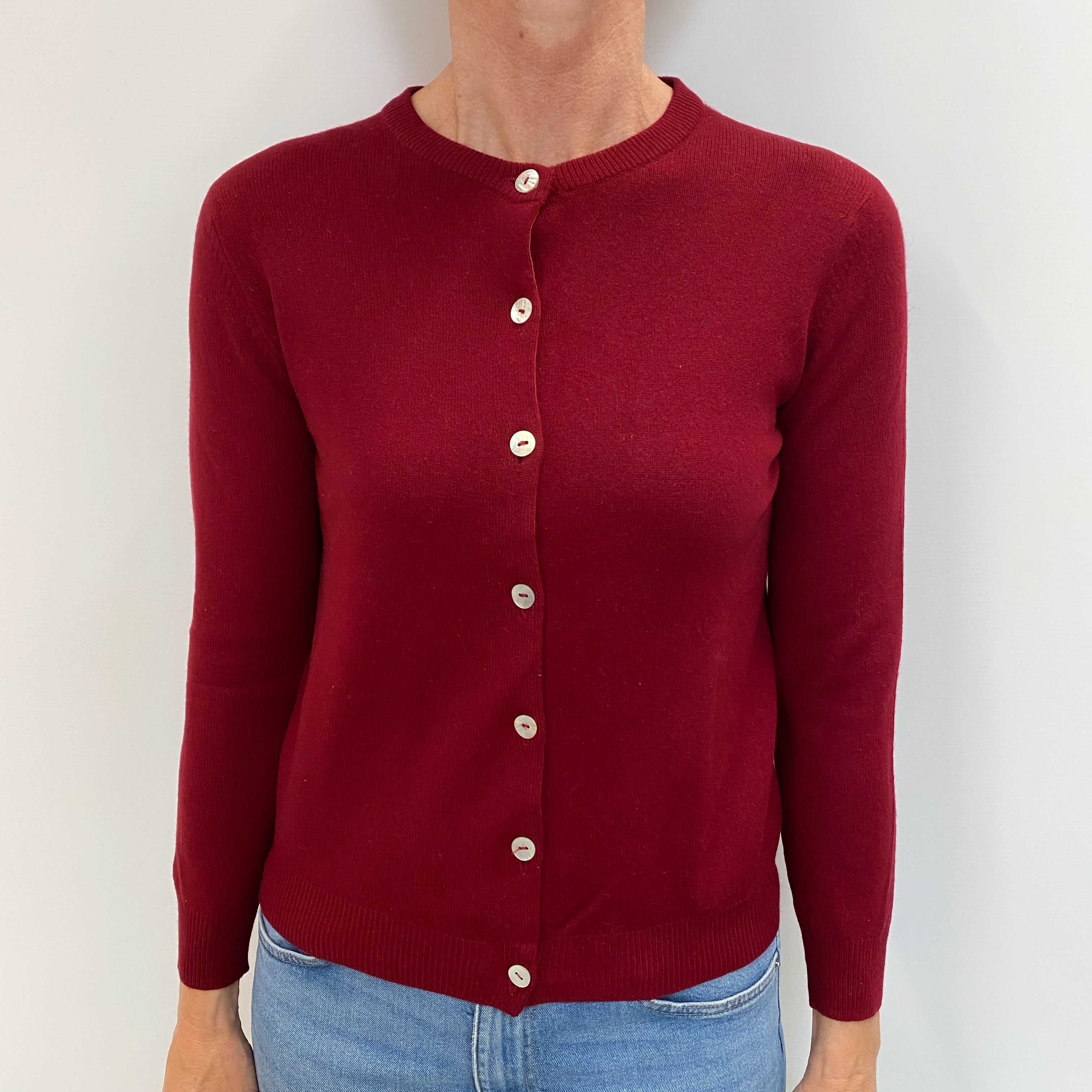 Burgundy Red Cashmere Crew Neck Cardigan Small