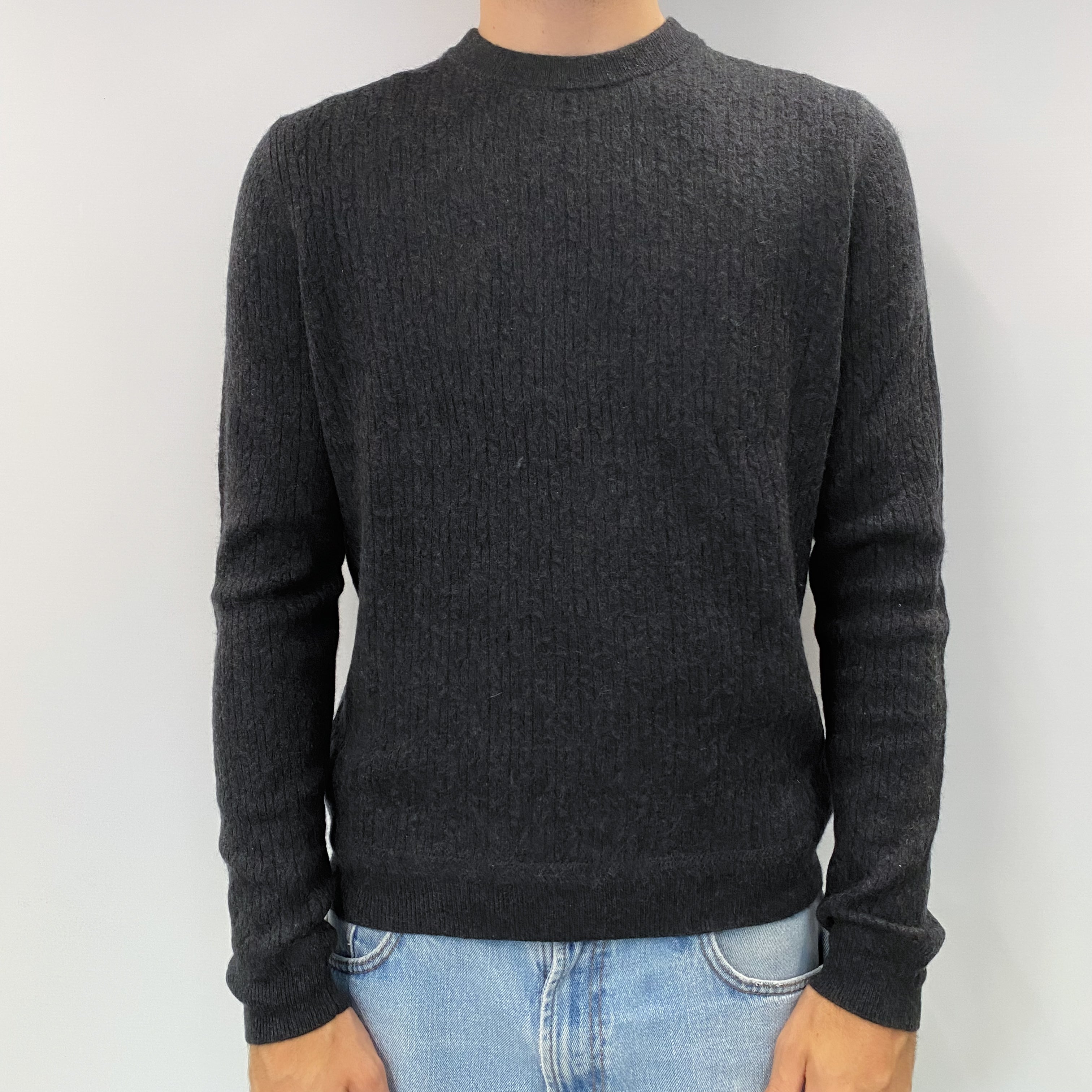 Men's Charcoal Grey Rib Cashmere Crew Neck Jumper Large