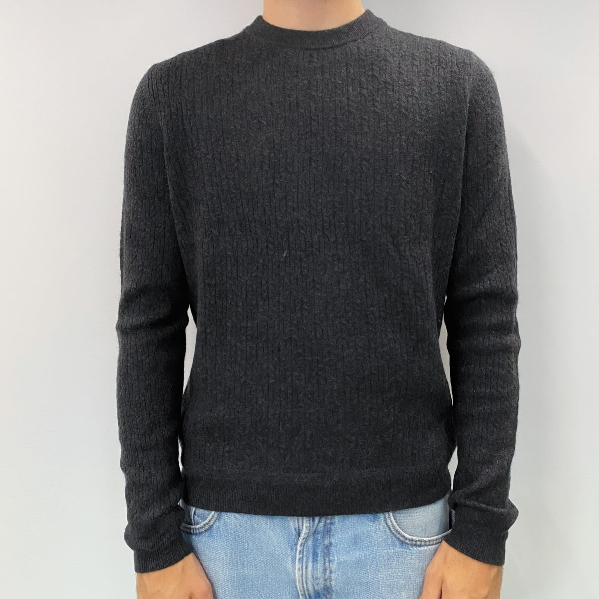 Men's Charcoal Grey Rib Cashmere Crew Neck Jumper Large