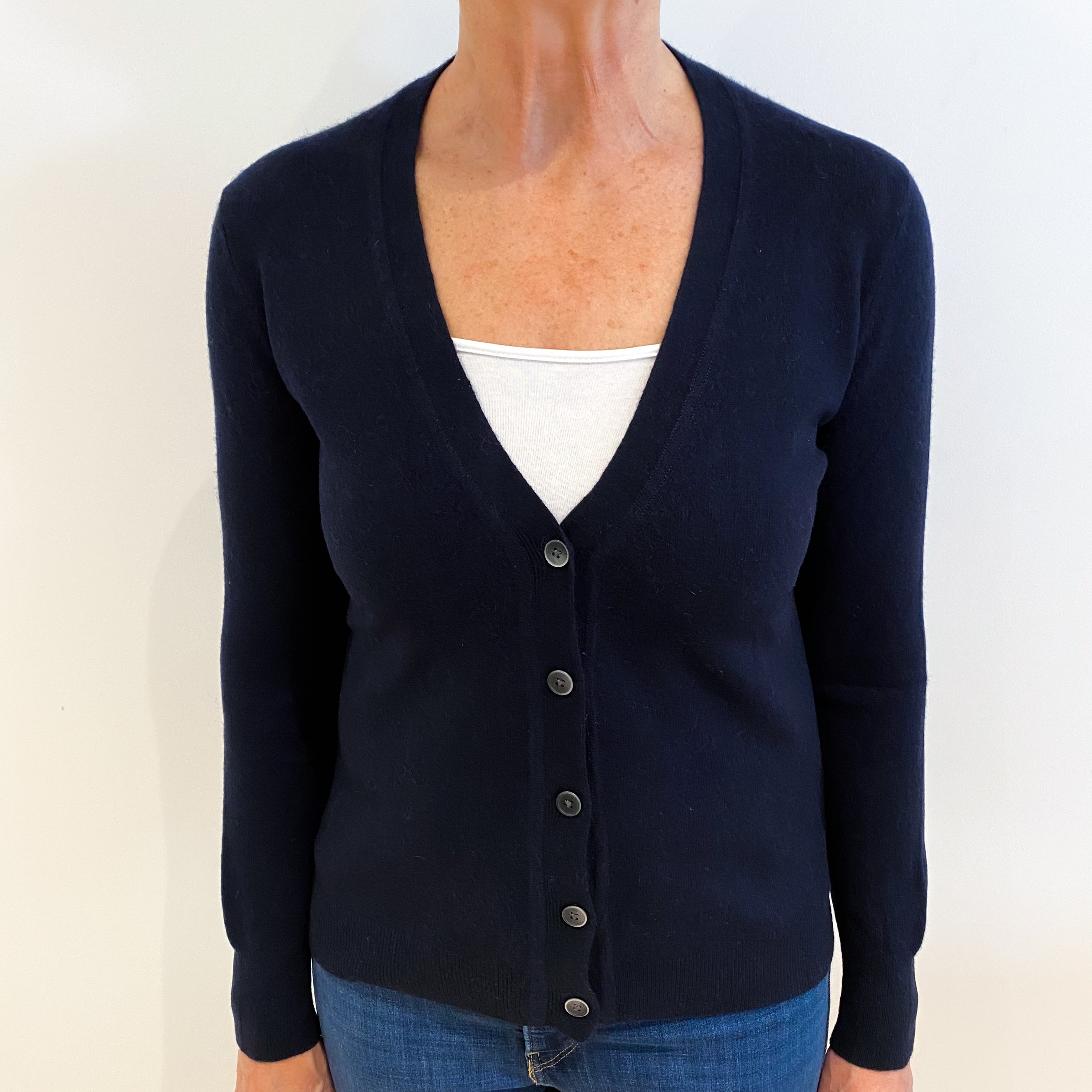 Navy Blue Cashmere V Neck Cardigan Medium