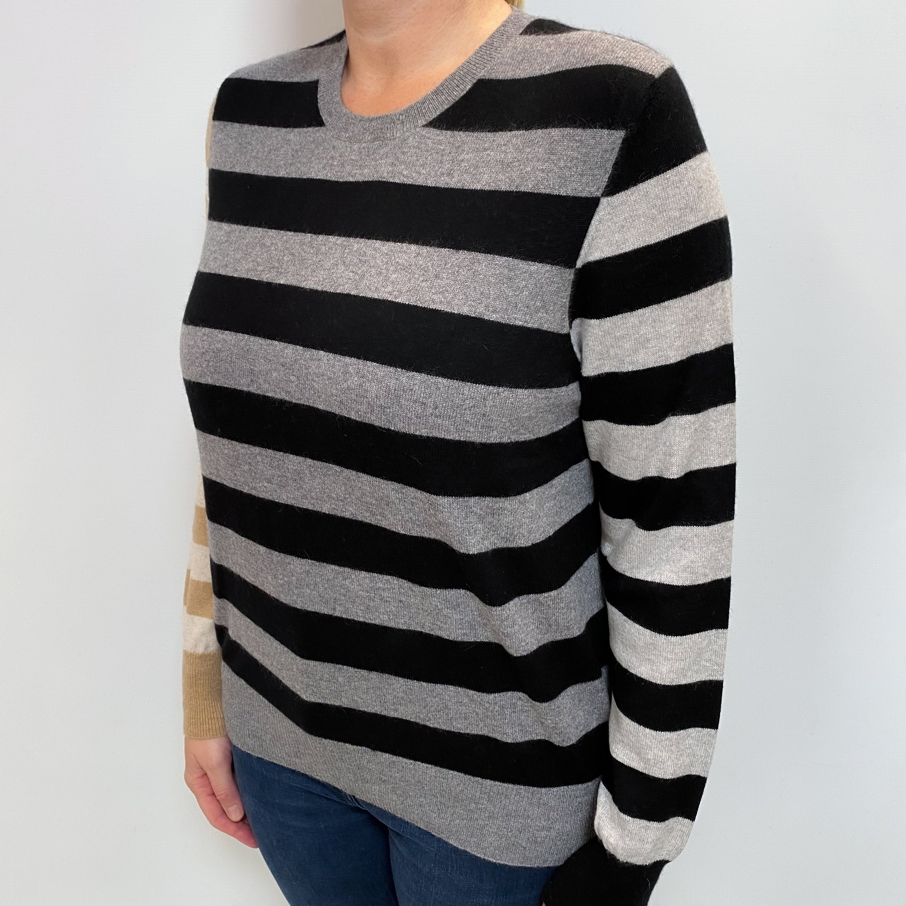Black and Grey Stripe Cashmere Crew Neck Jumper Large